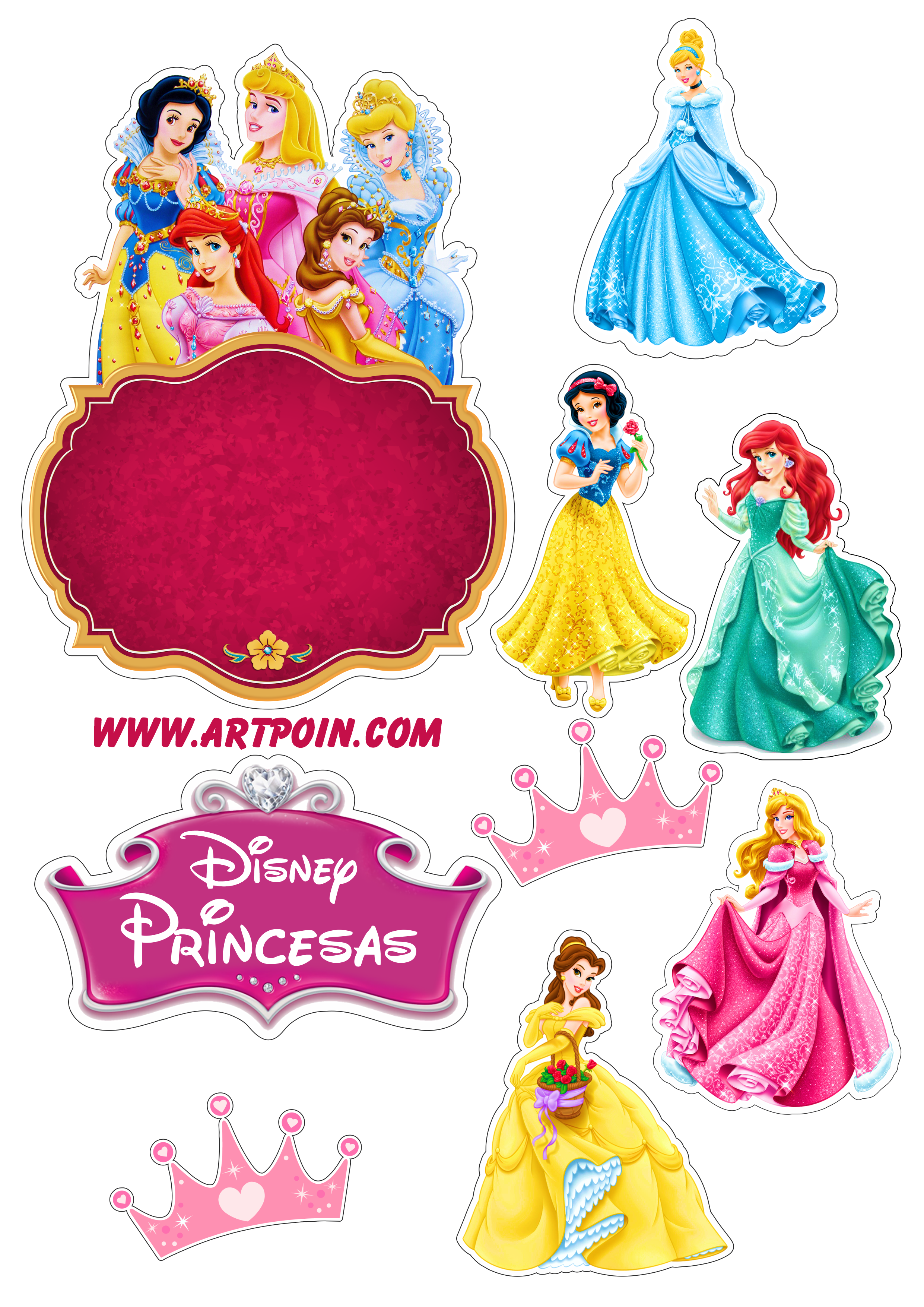 Topo de bolo princesas disney branca de neve cinderela ariel bela aurora  artes gráficas png