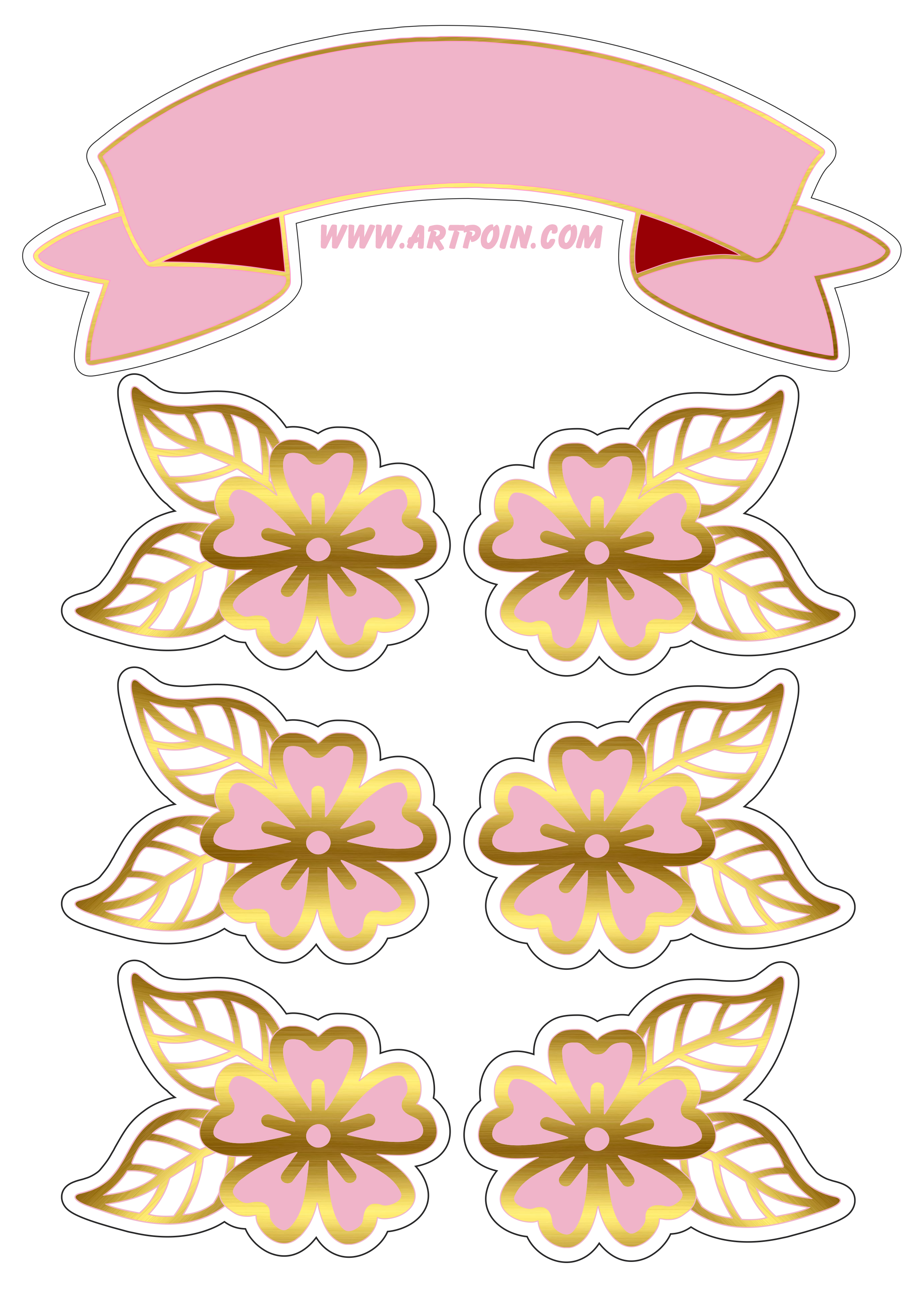 Topo de bolo rosa com dourado com flores png