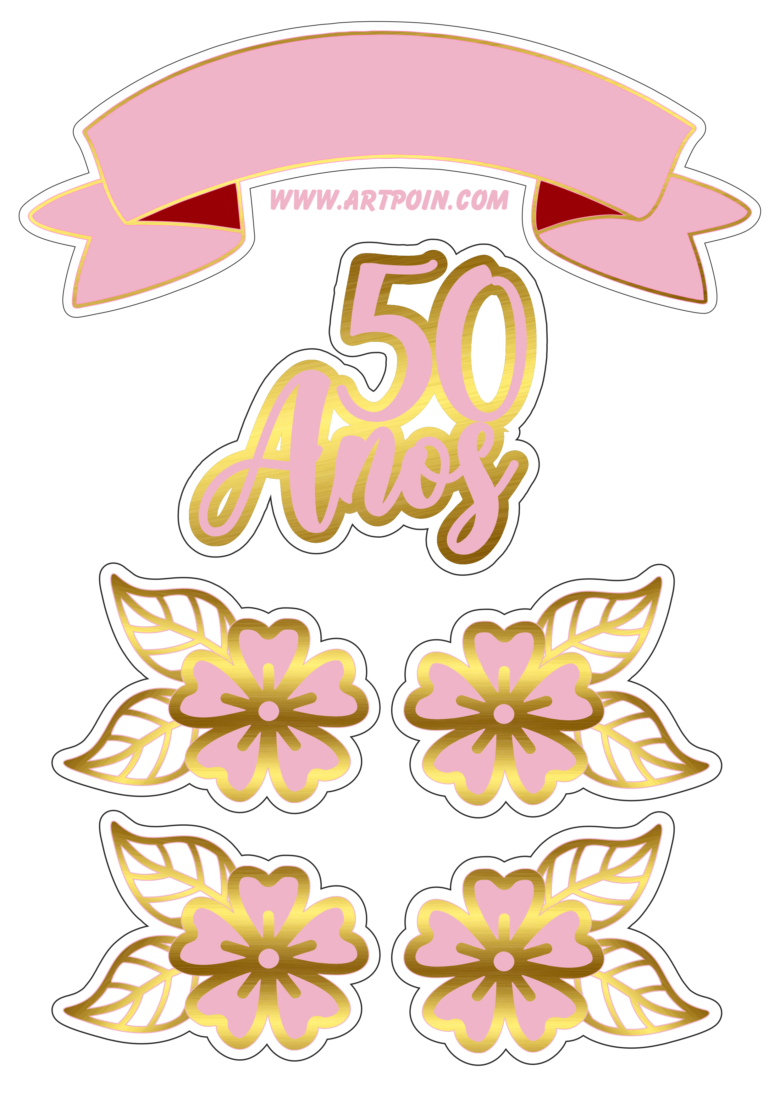 Topo de bolo 50 anos rosa com dourado com flores png