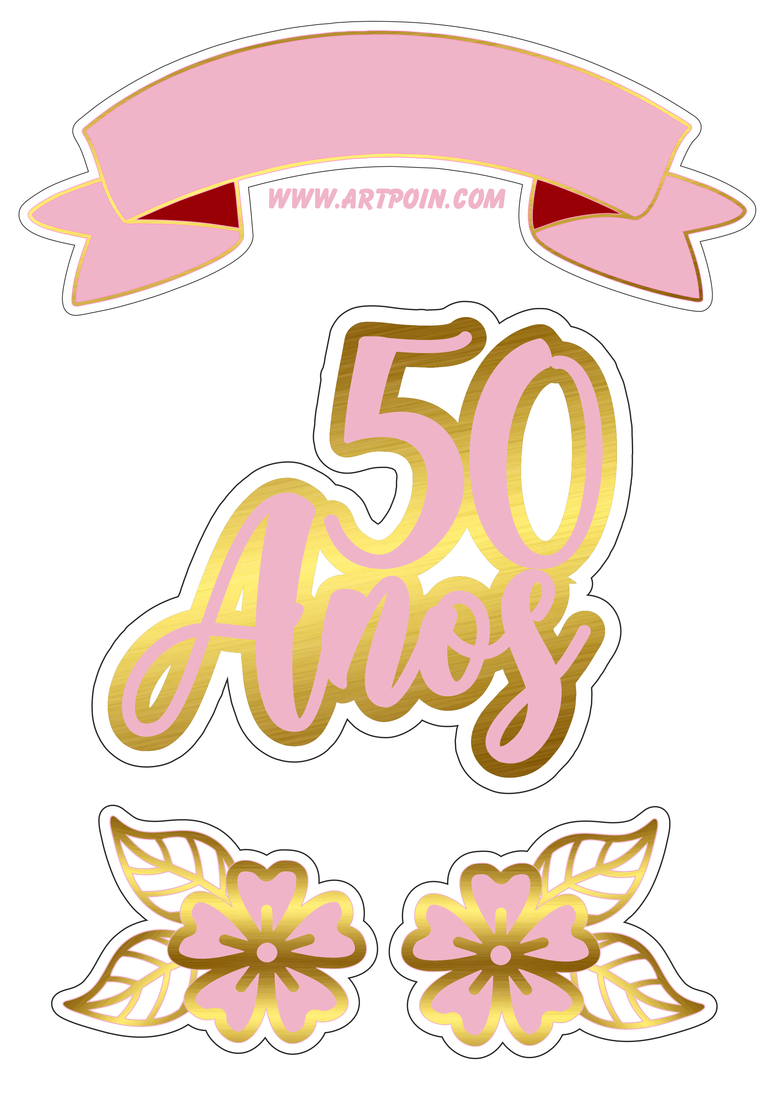 Topo de bolo 50 anos rosa com dourado png