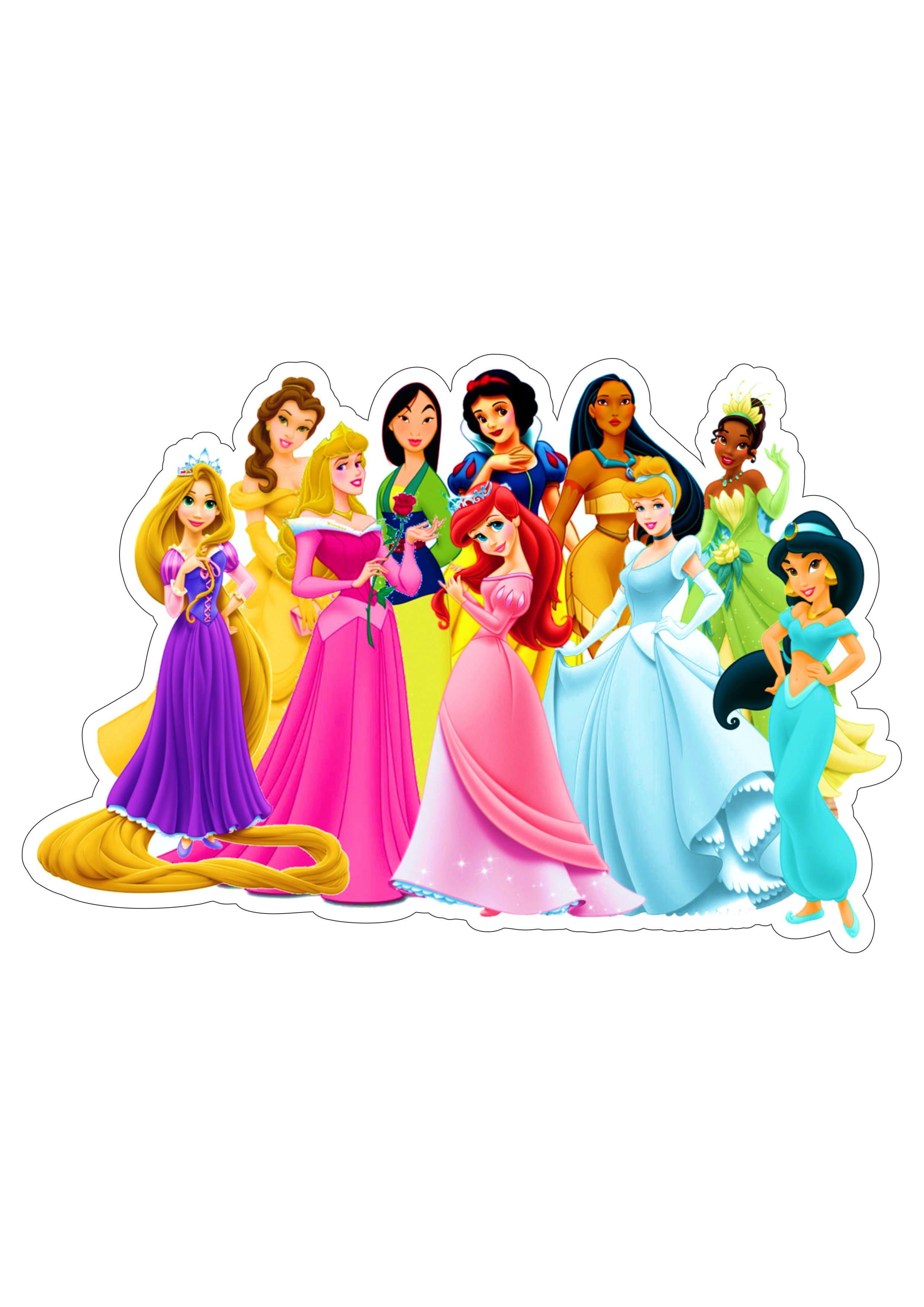 Princesas disney Cinderela Bela Aurora Rapunzel Ariel Branca de neve Mulan Pocahontas Tiana Jasmine png