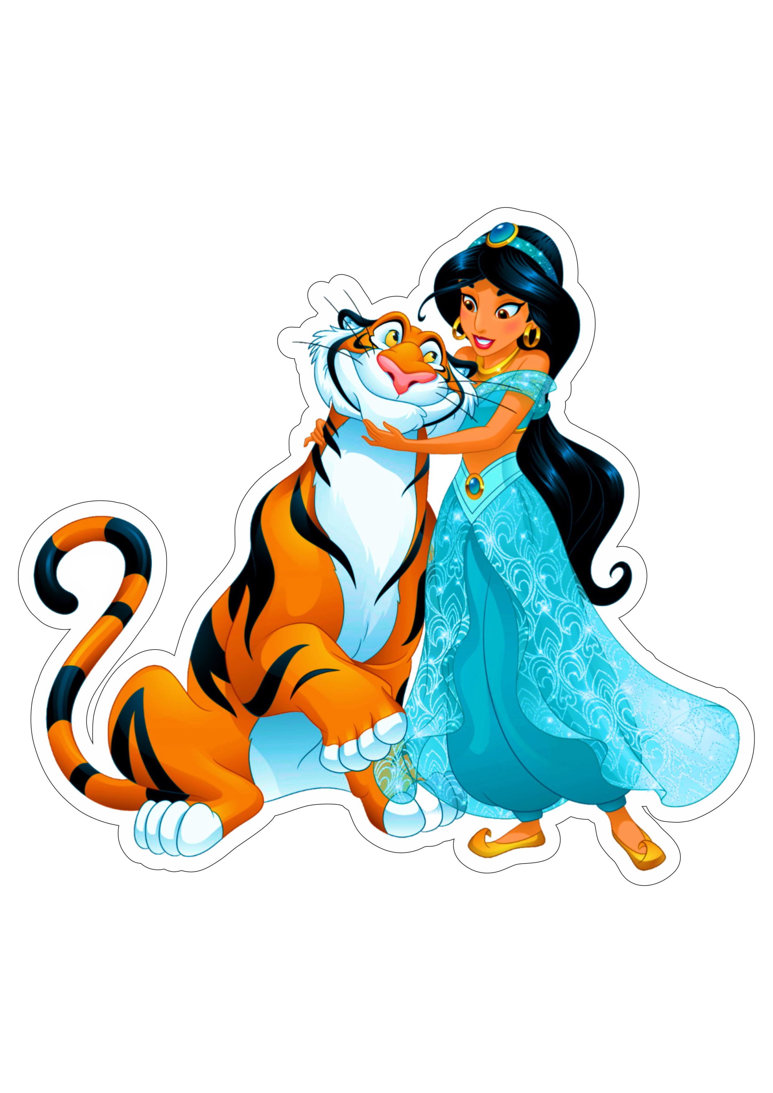 Princesas disney Jasmine com tigre fundo transparente ilustração animada png
