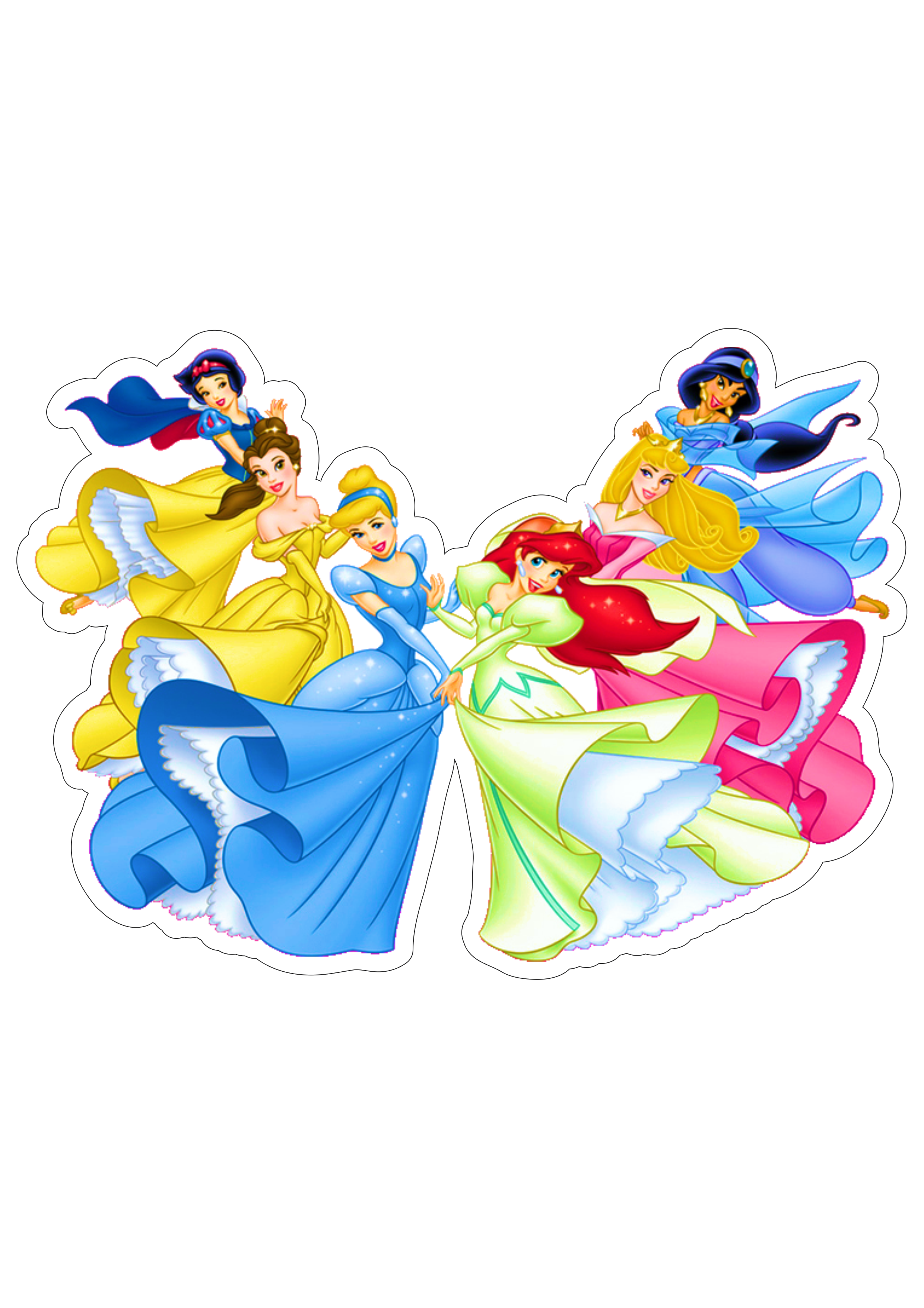 Princesas Disney Branca de neve Bela Cinderela Ariel Aurora Jasmine artes gráficas fundo transparente png