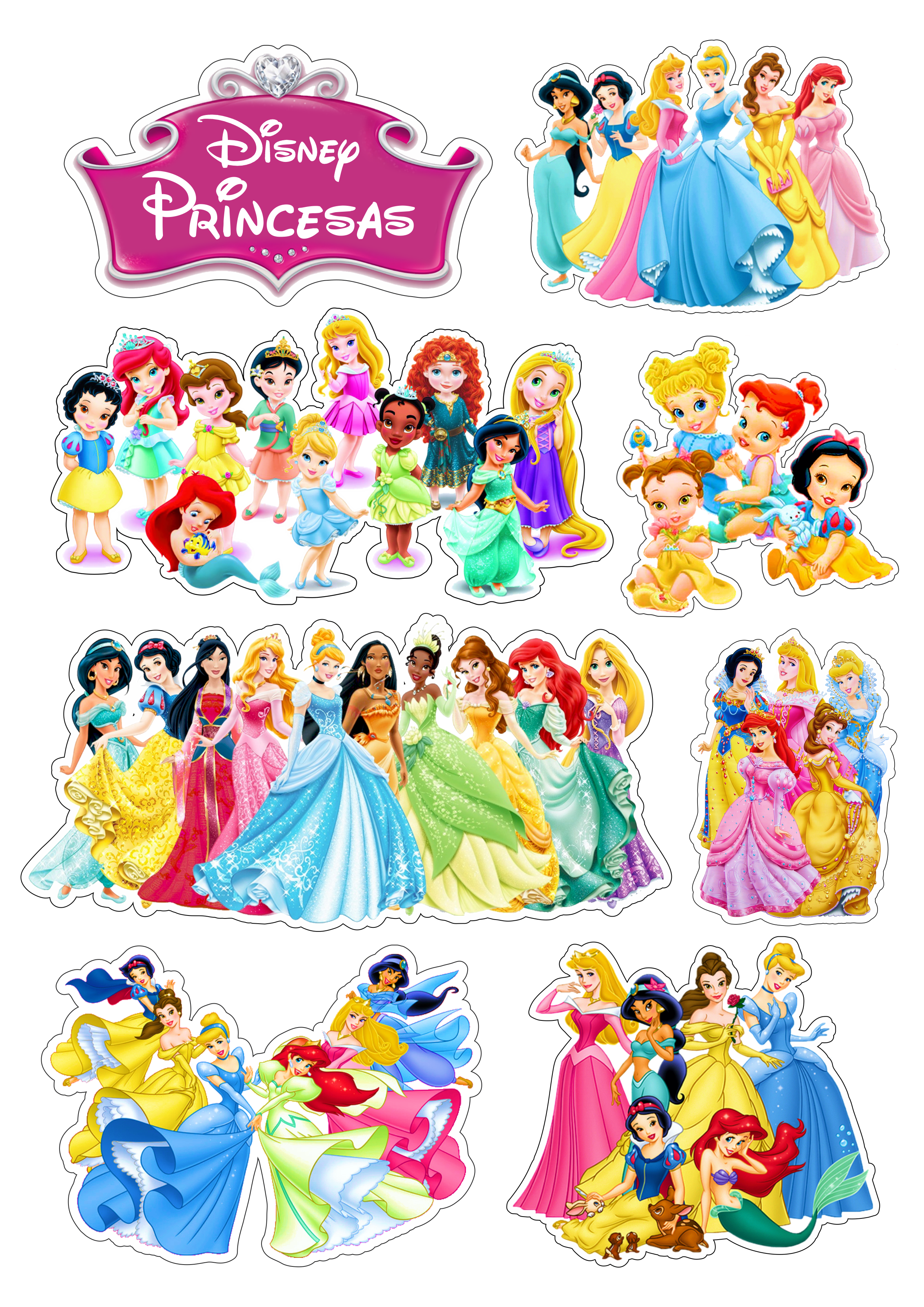 Topo de bolo Princesas Disney Branca de neve Ariel Bela Mulan Cinderela Aurora Tiana Merida Jasmine Rapunzel png