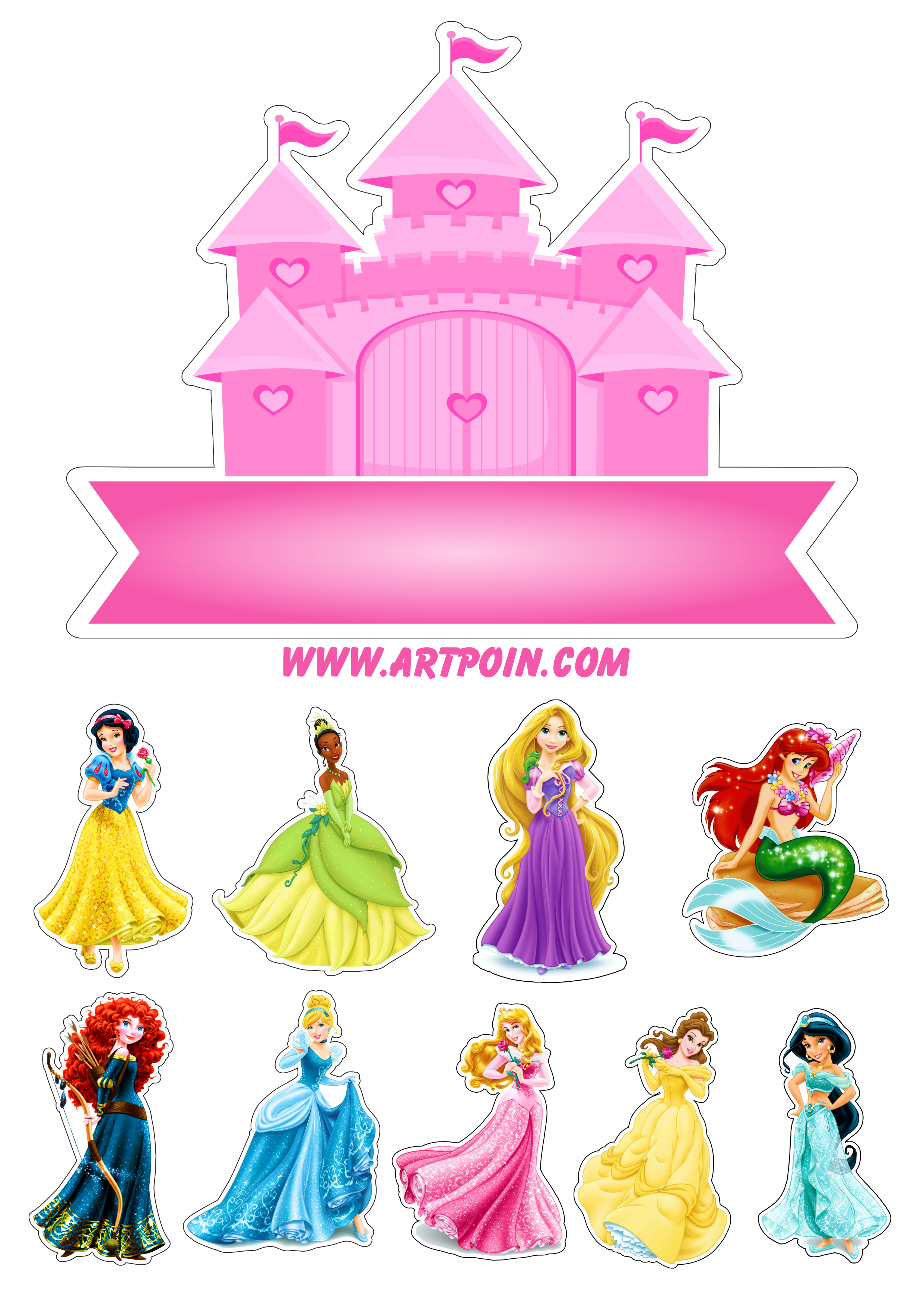 Topo de bolo Princesas Disney Branca de neve Ariel Bela Mulan Cinderela Aurora Tiana Merida Jasmine Rapunzel free png