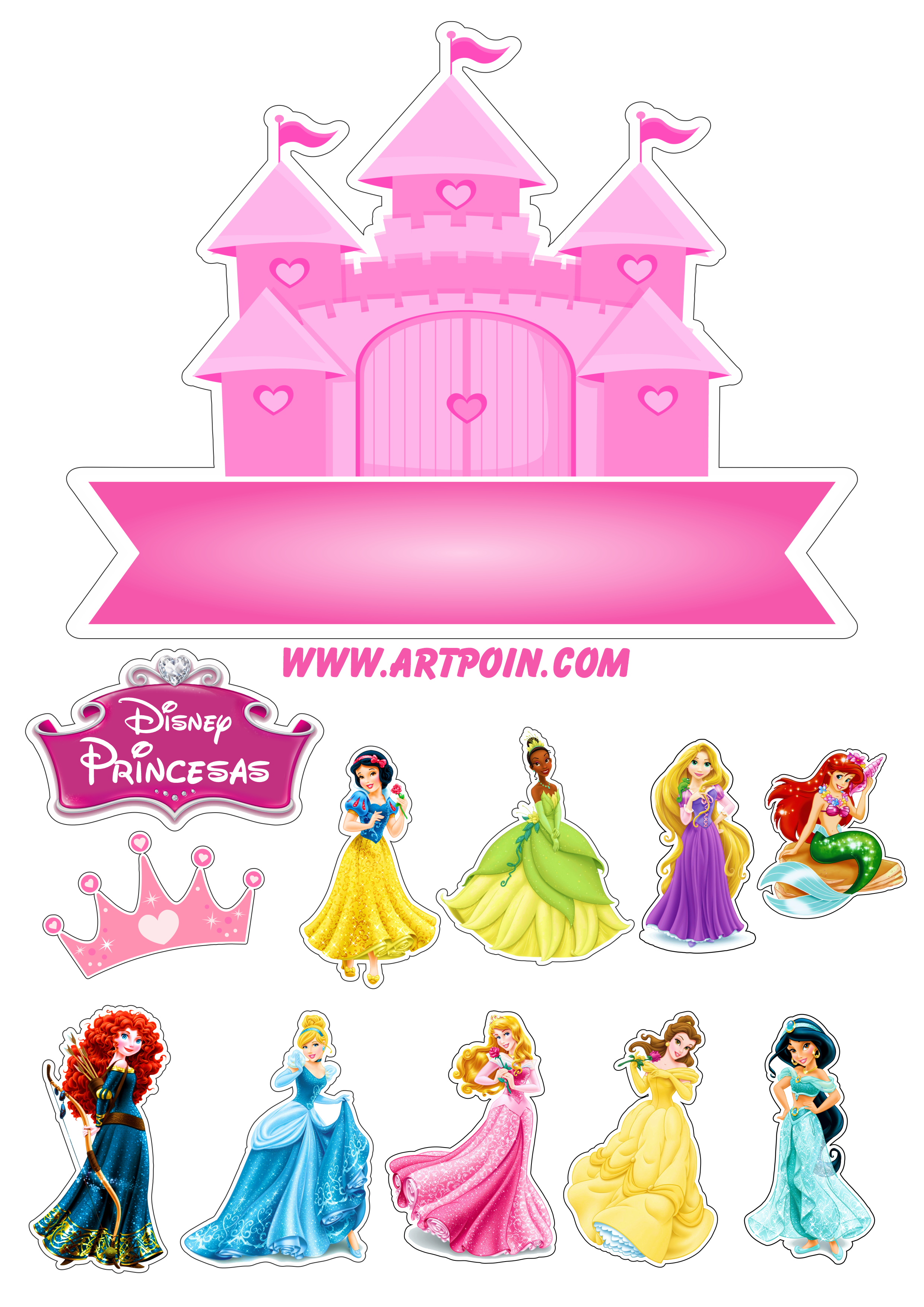 Topo de bolo Princesas Disney Branca de neve Ariel Bela Mulan Cinderela Aurora Tiana Merida Jasmine Rapunzel decoração png
