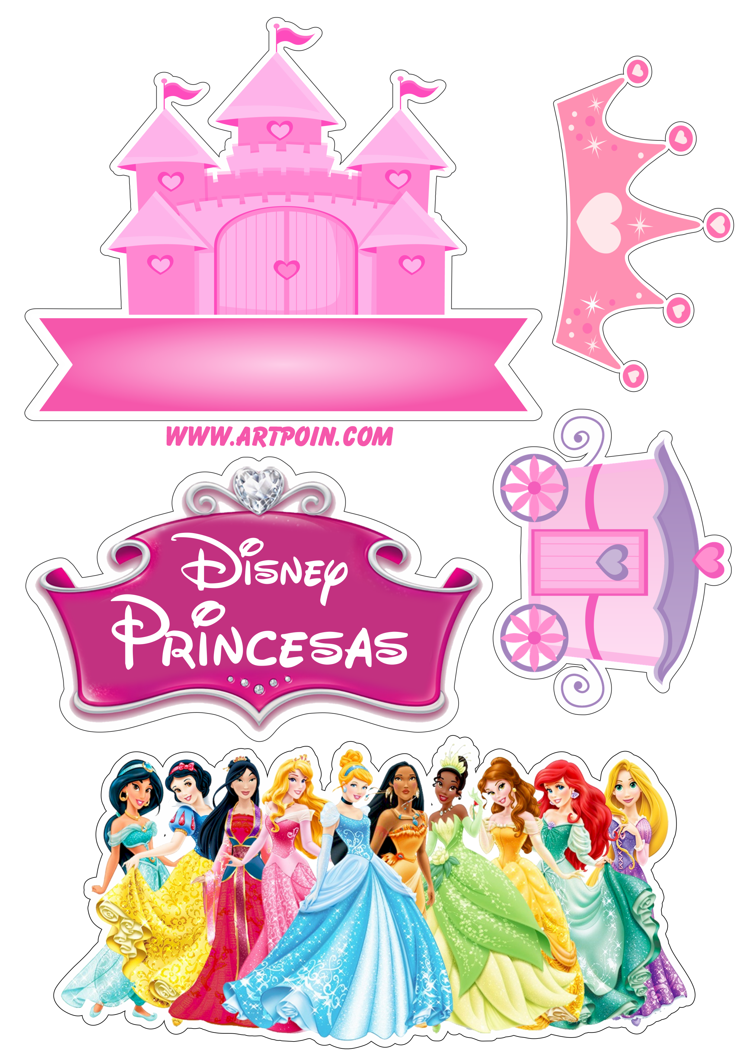 Topo de bolo princesas disney infantil decoração de festa artes gráficas para imprimir png