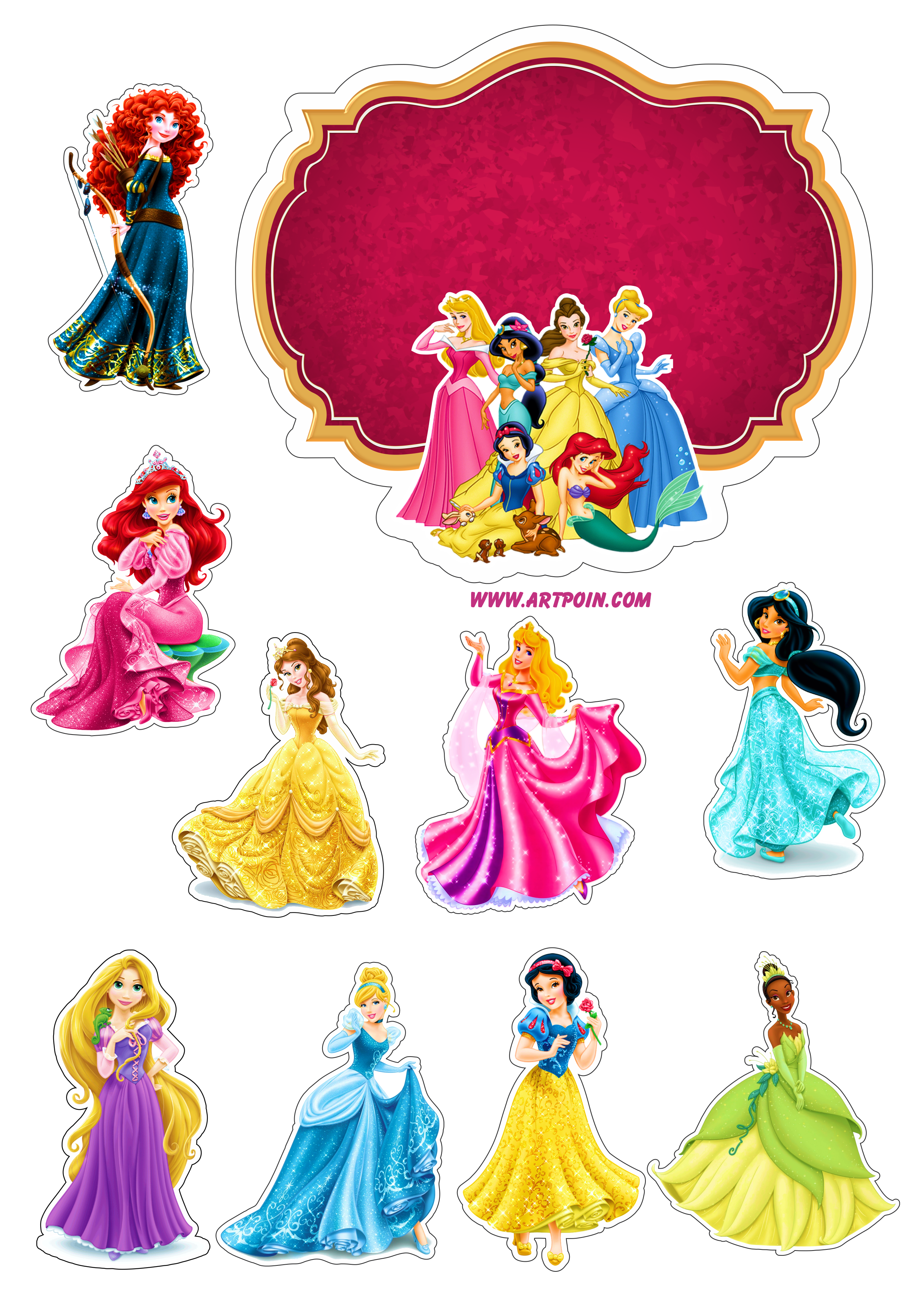 Topo de bolo princesas disney pronto para imprimir png