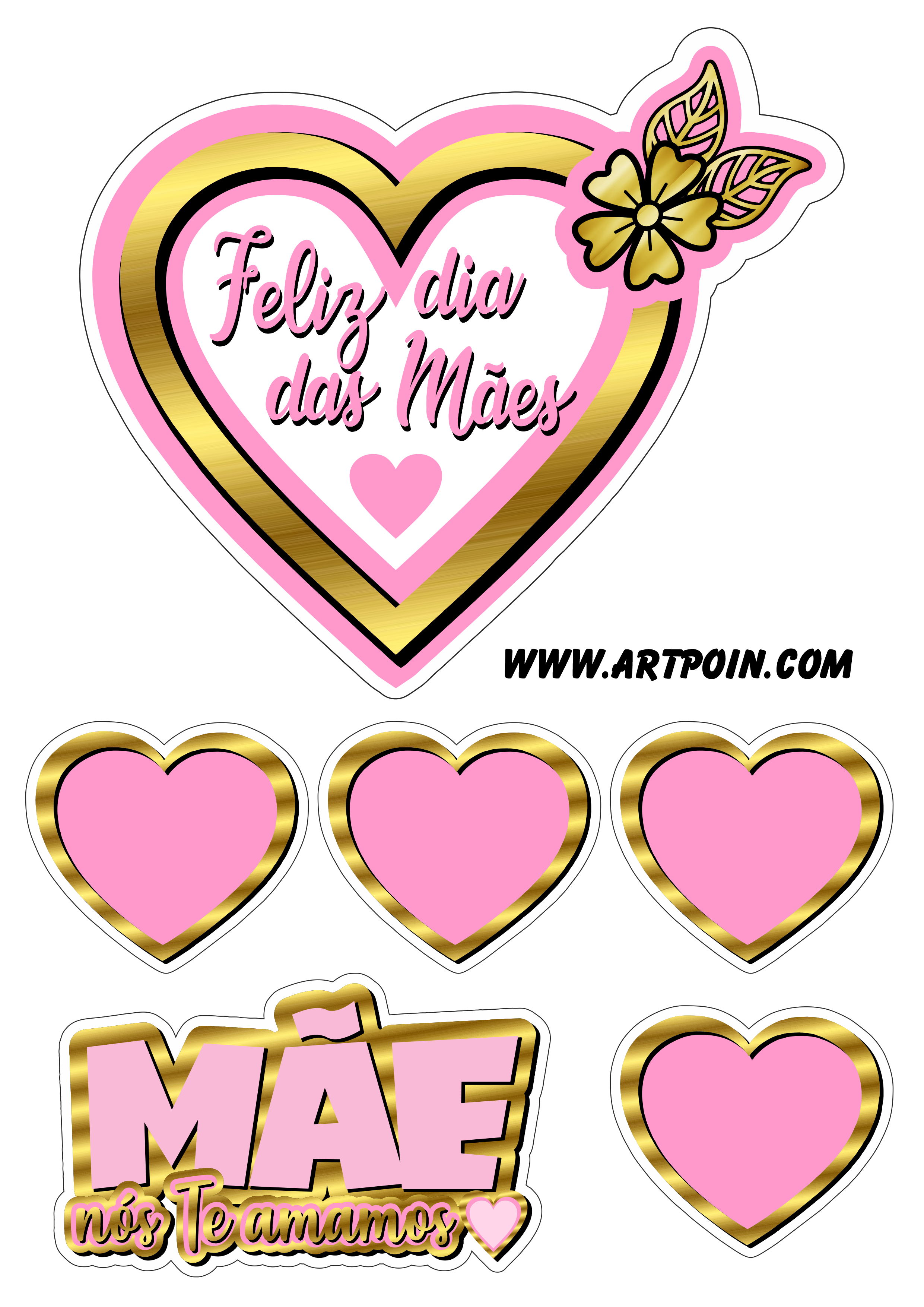 Feliz dia das mães rosa com dourado flores e borboletas topo de bolo artes gráficas png