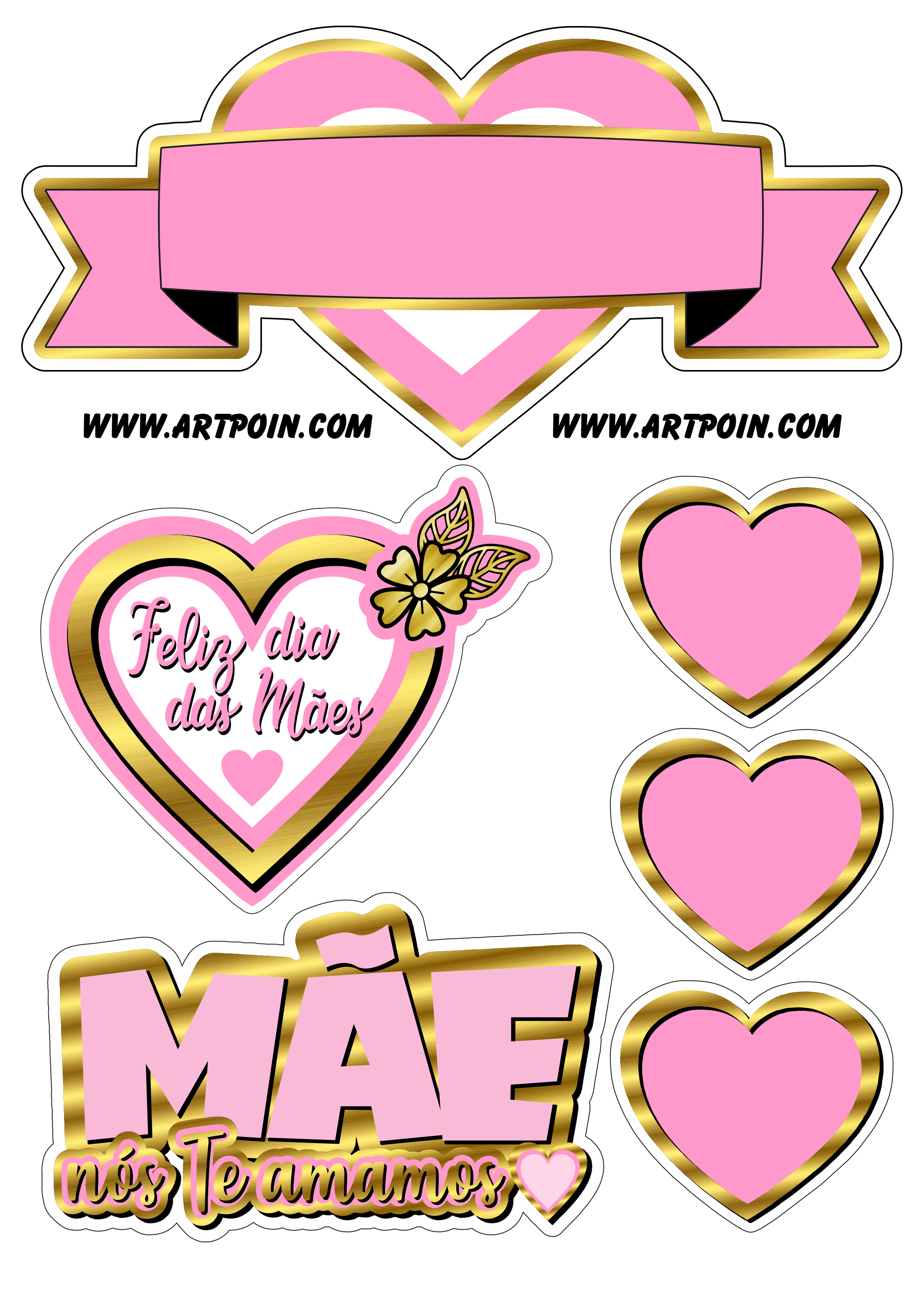 Feliz dia das mães rosa com dourado flores topo de bolo artigos de papelaria pronto para imprimir png