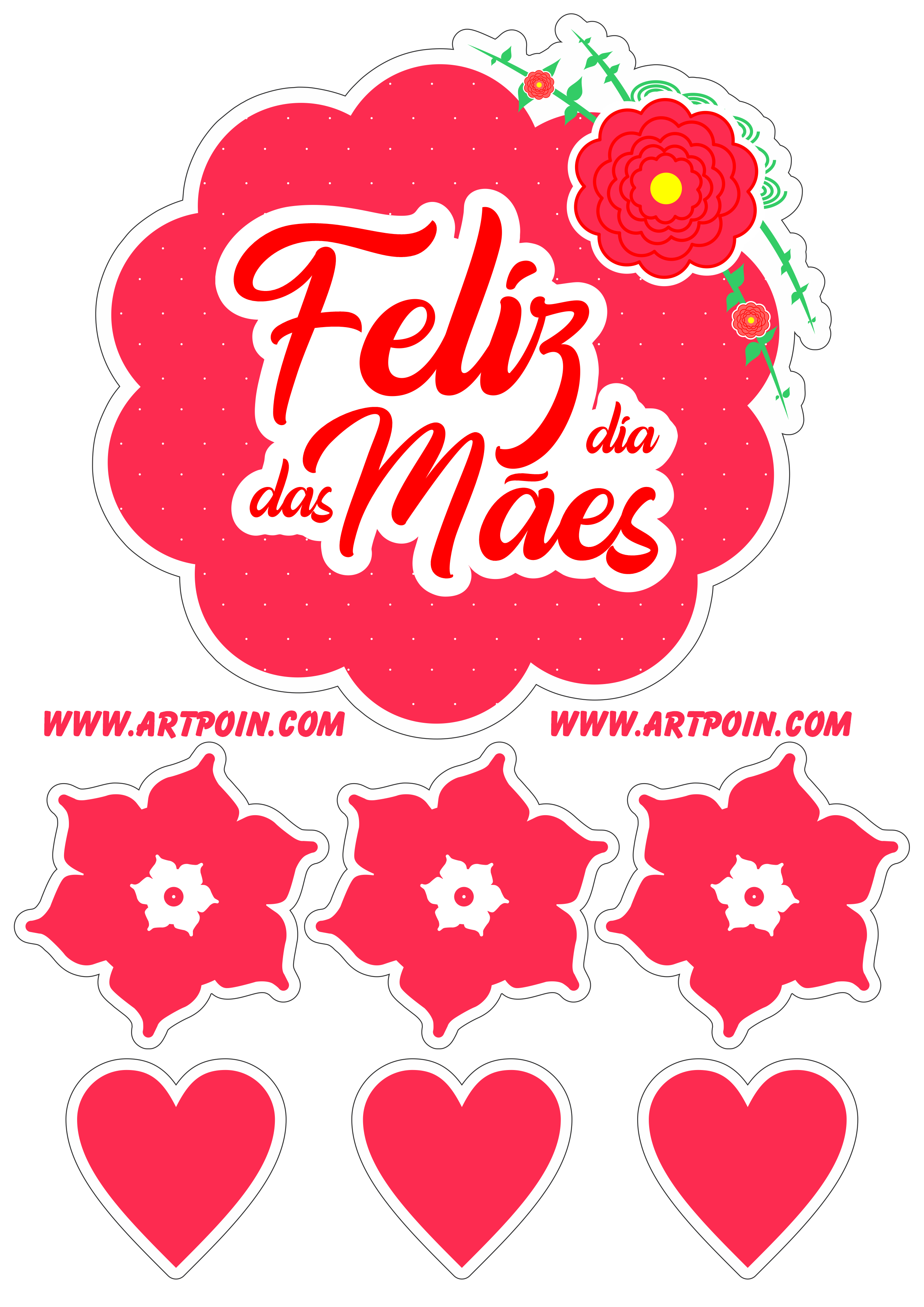 Feliz dia das mães decoração flores e corações pronta para imprimir png