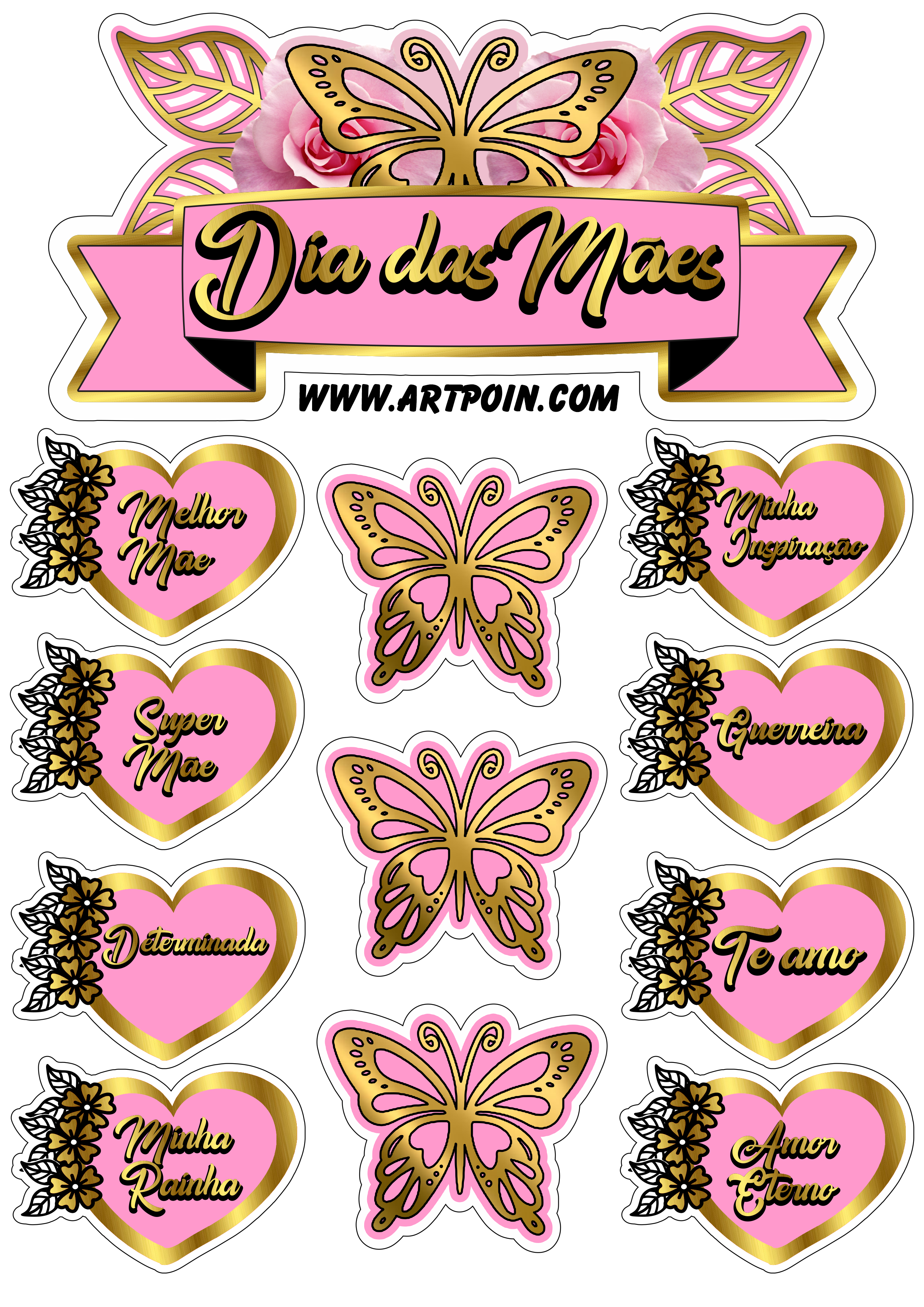 Topo de bolo dia das mães borboletas e corações rosa com dourado papelaria criativa free png