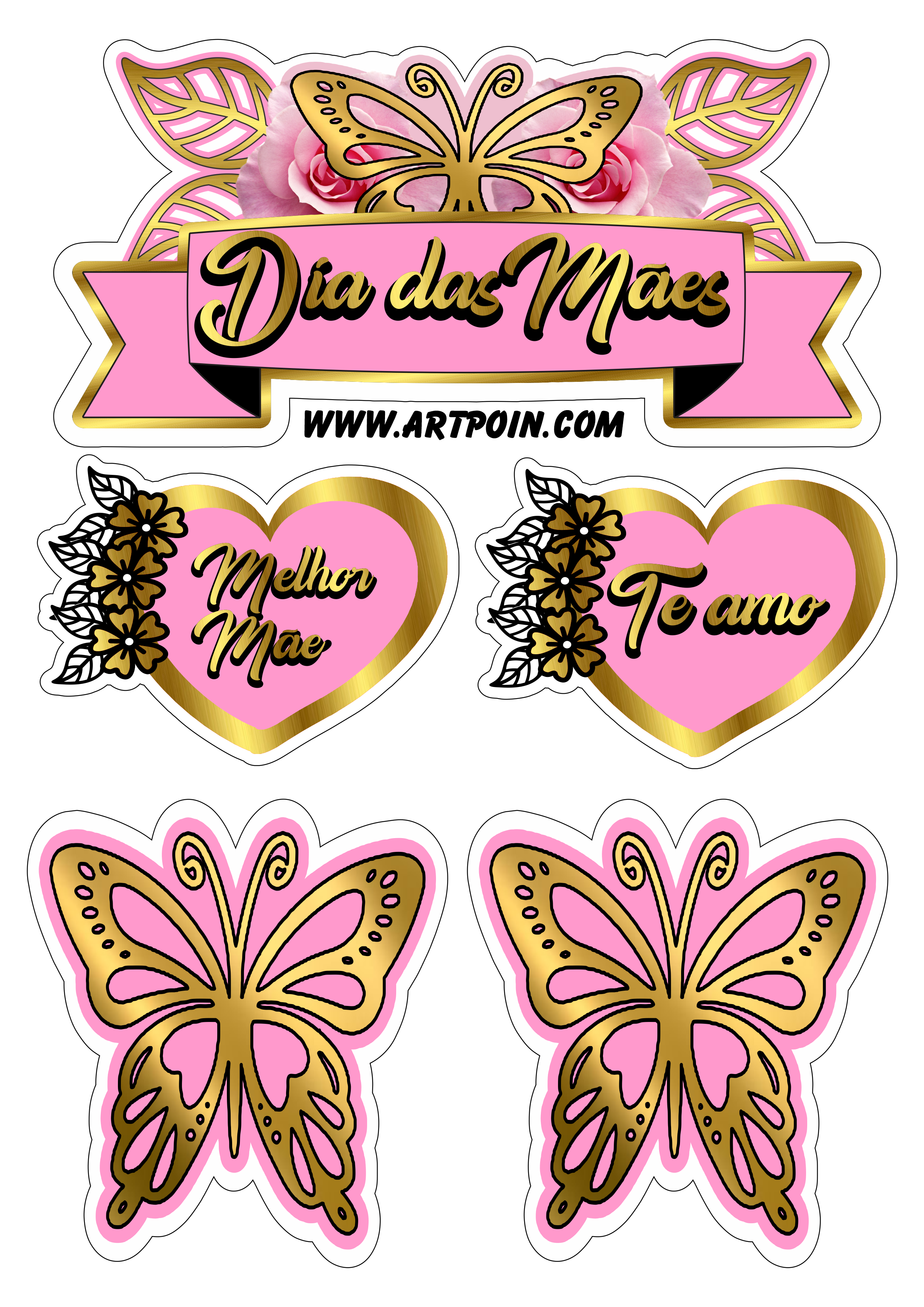 Topo de bolo dia das mães borboletas e corações rosa com dourado papelaria criativa artes gráficas png