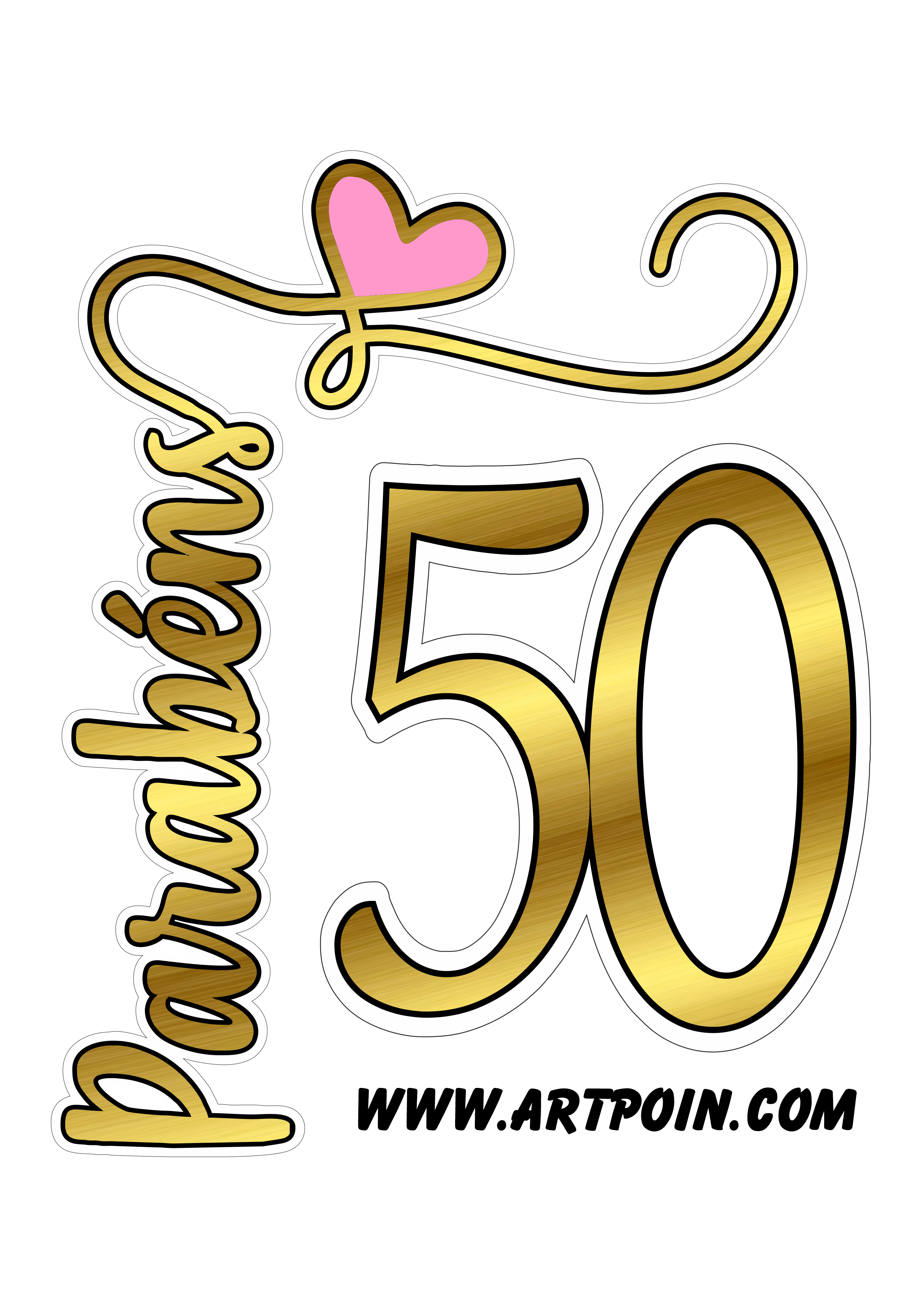 Topo de bolo parabéns dourado com rosa 50 Anos png