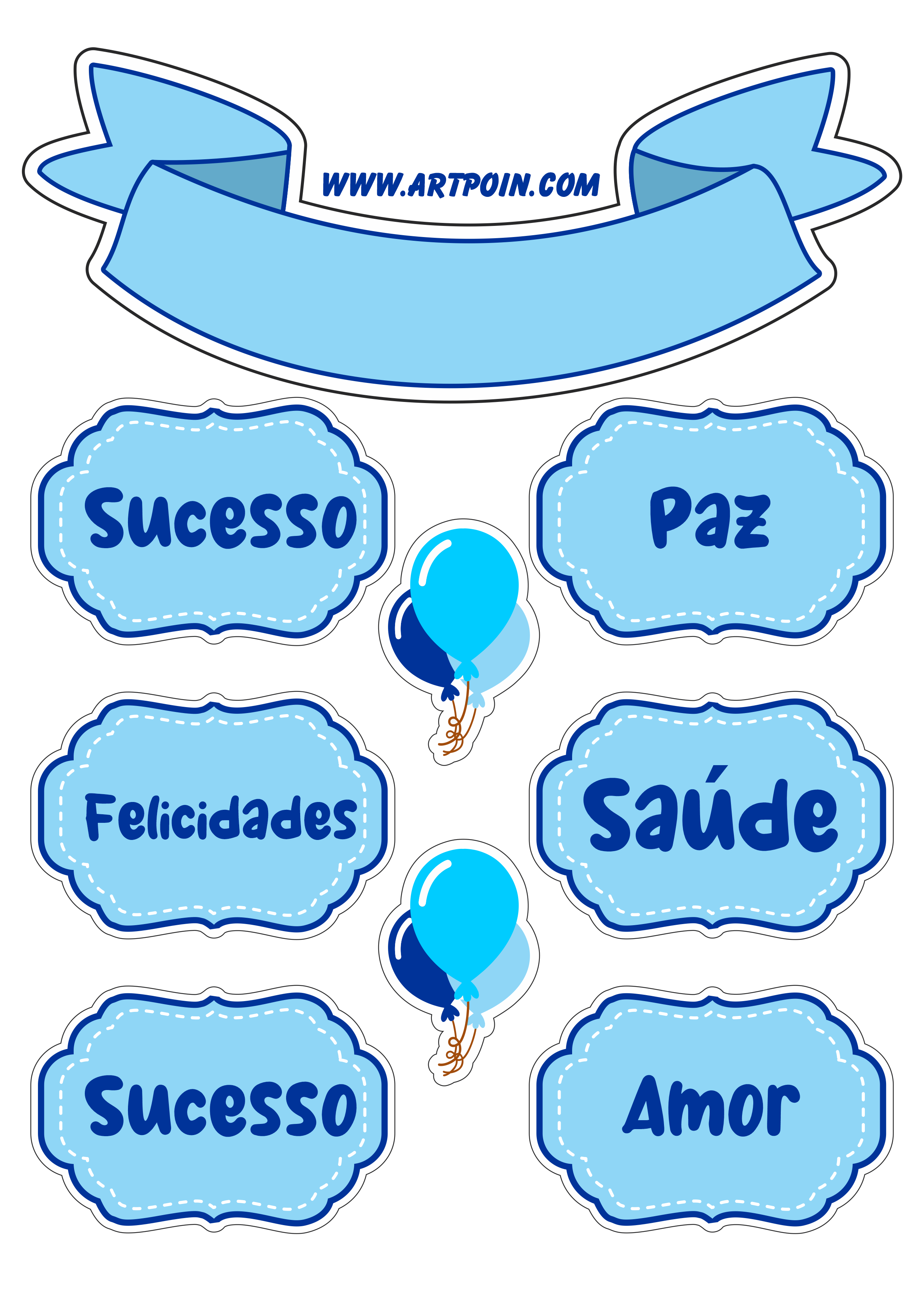 Topo de bolo azul com frases e balões png