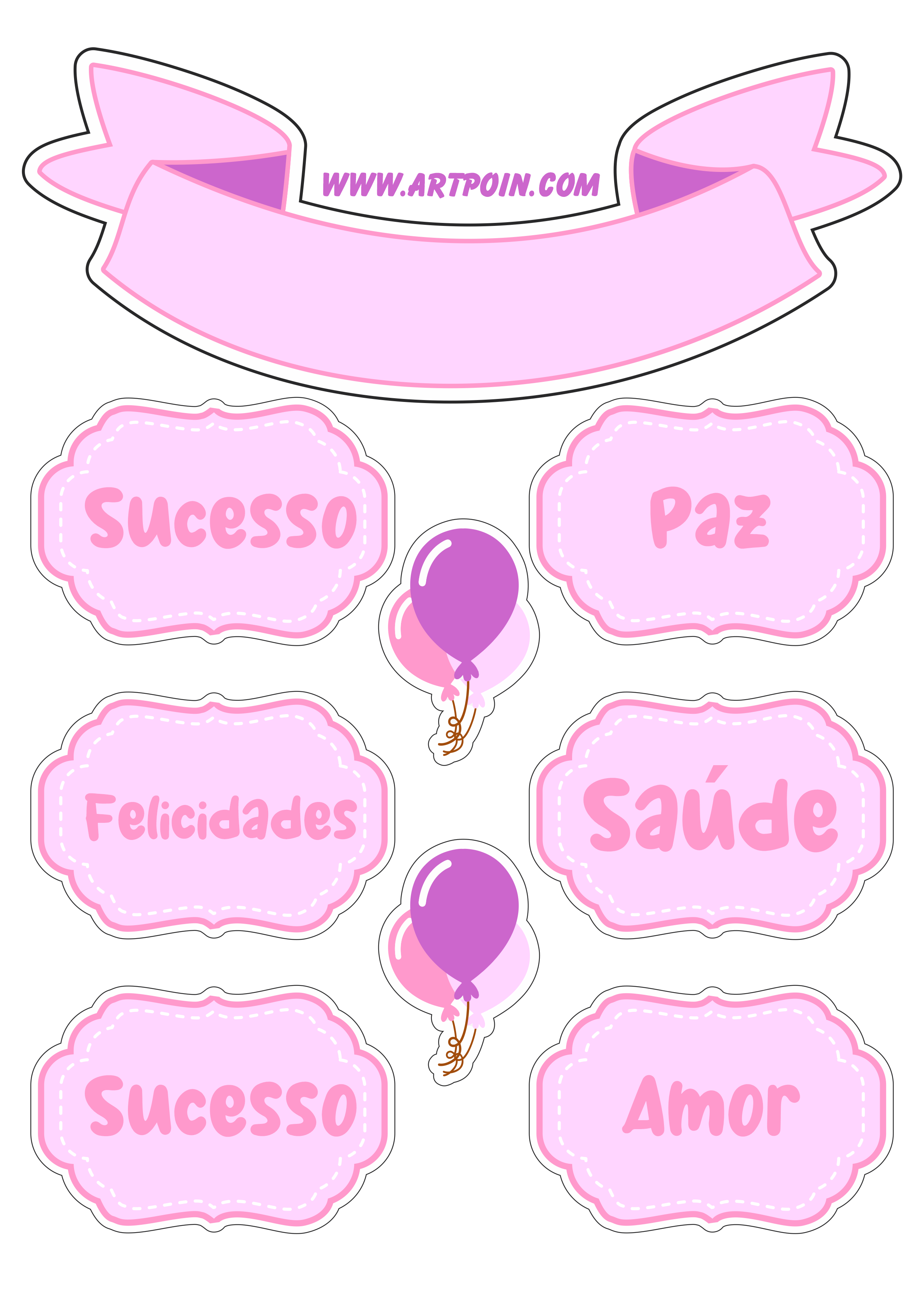 Topo de bolo rosa com frases e balões png