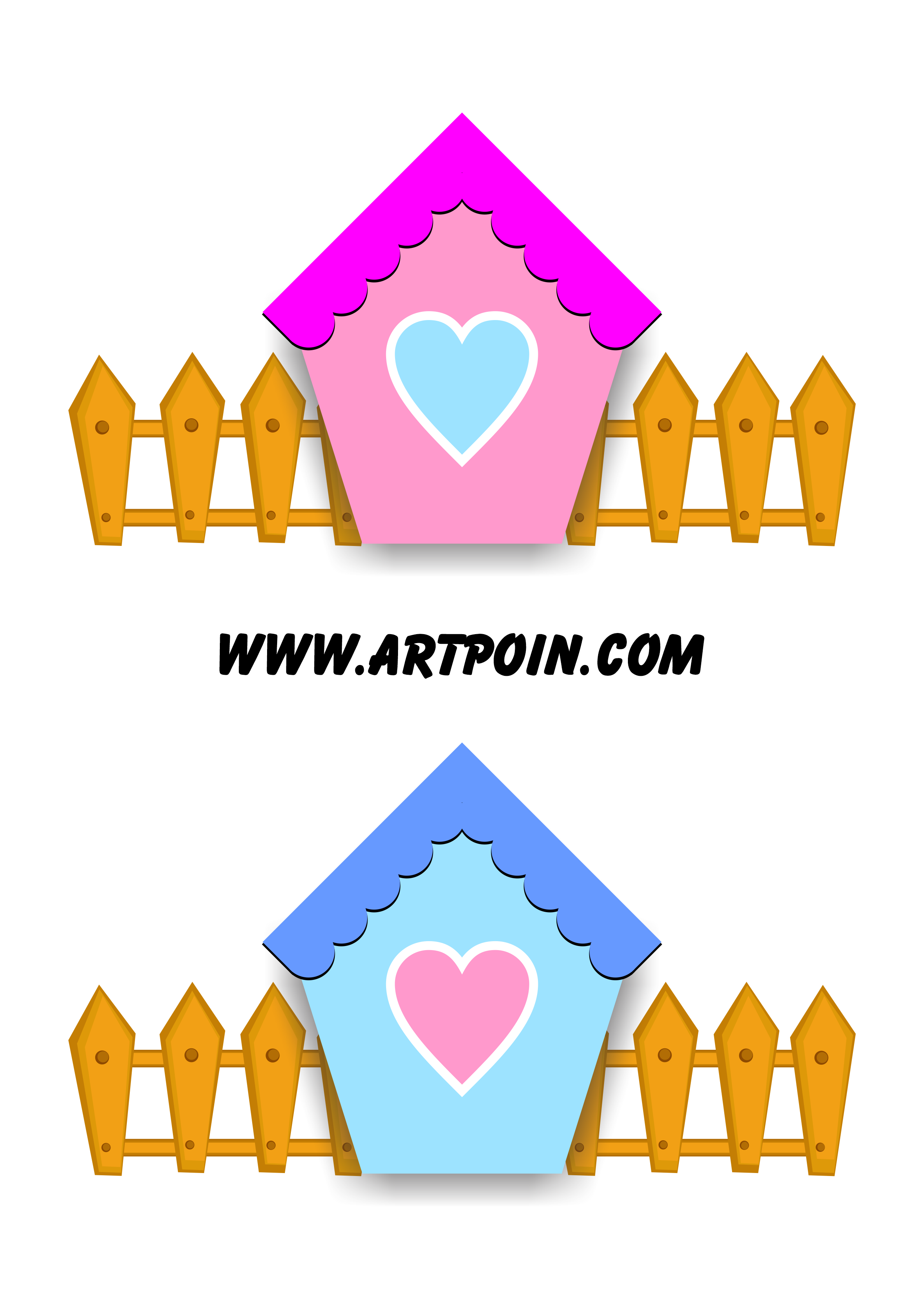 Casinha com cercado  rosa e azul com coração ilustração desenhos simples vetor png