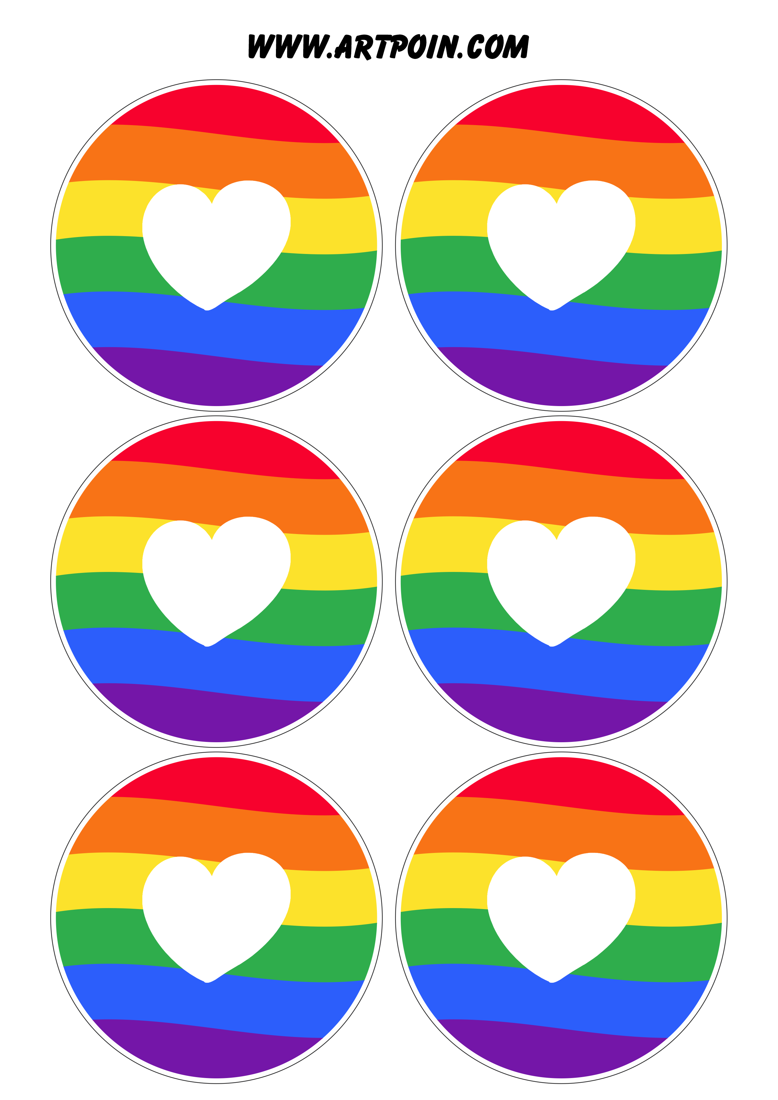 Mês do orgulho e da diversidade símbolo LGBTQIA+ redondo com coração bandeira colorida 6 imagens png