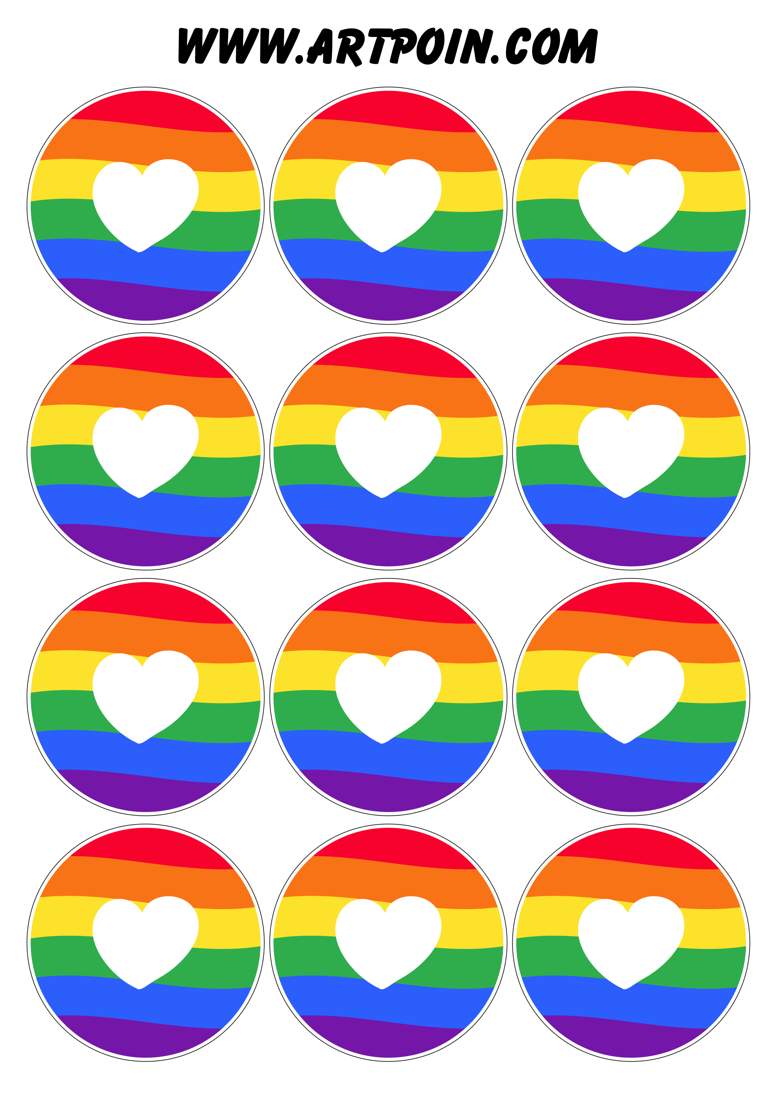 Mês do orgulho e da diversidade símbolo LGBTQIA+ redondo com coração bandeira colorida 12 imagens png