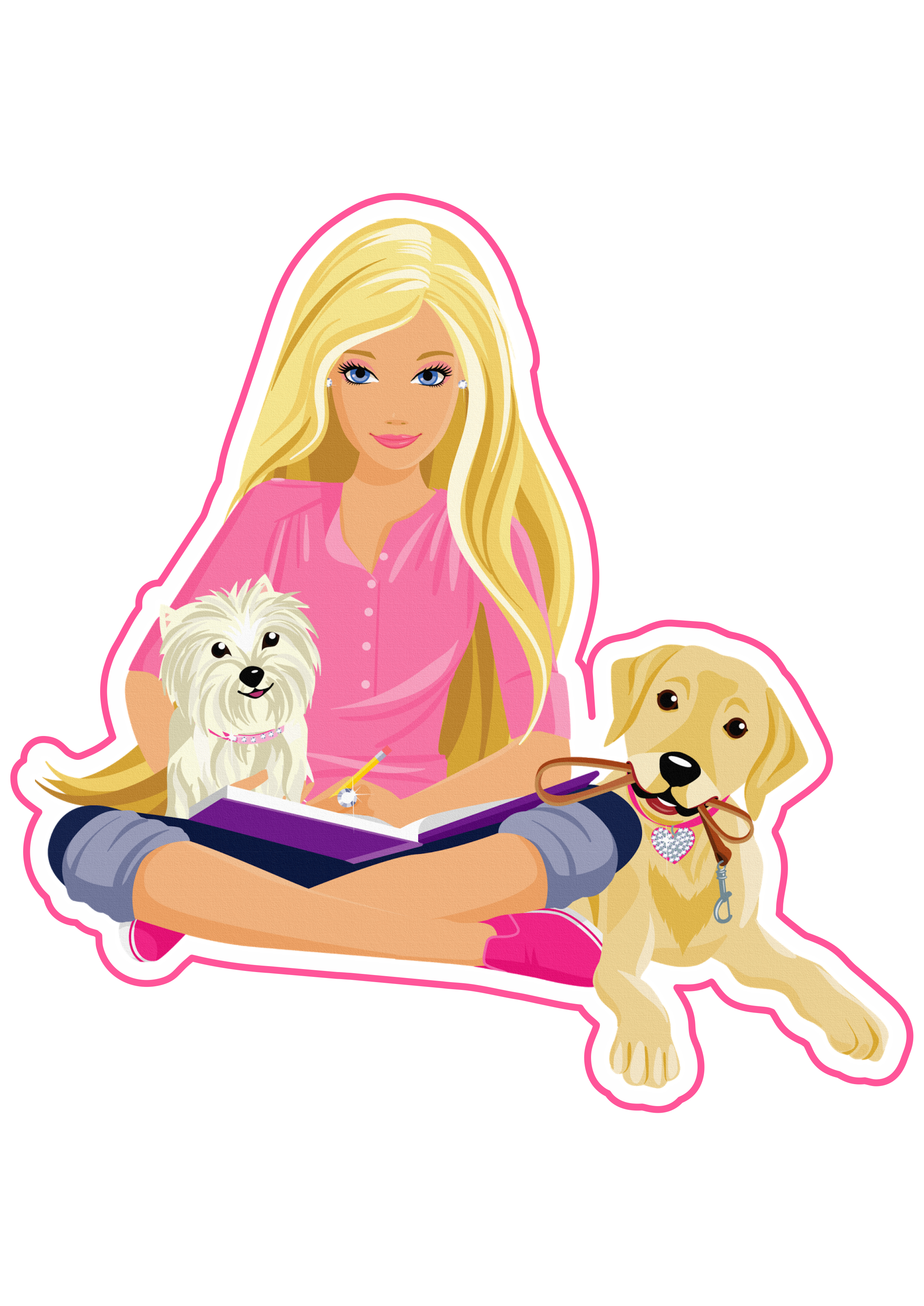 Boneca barbie com pets cães fofinhos imagem com fundo transparente e contorno rosa free design png