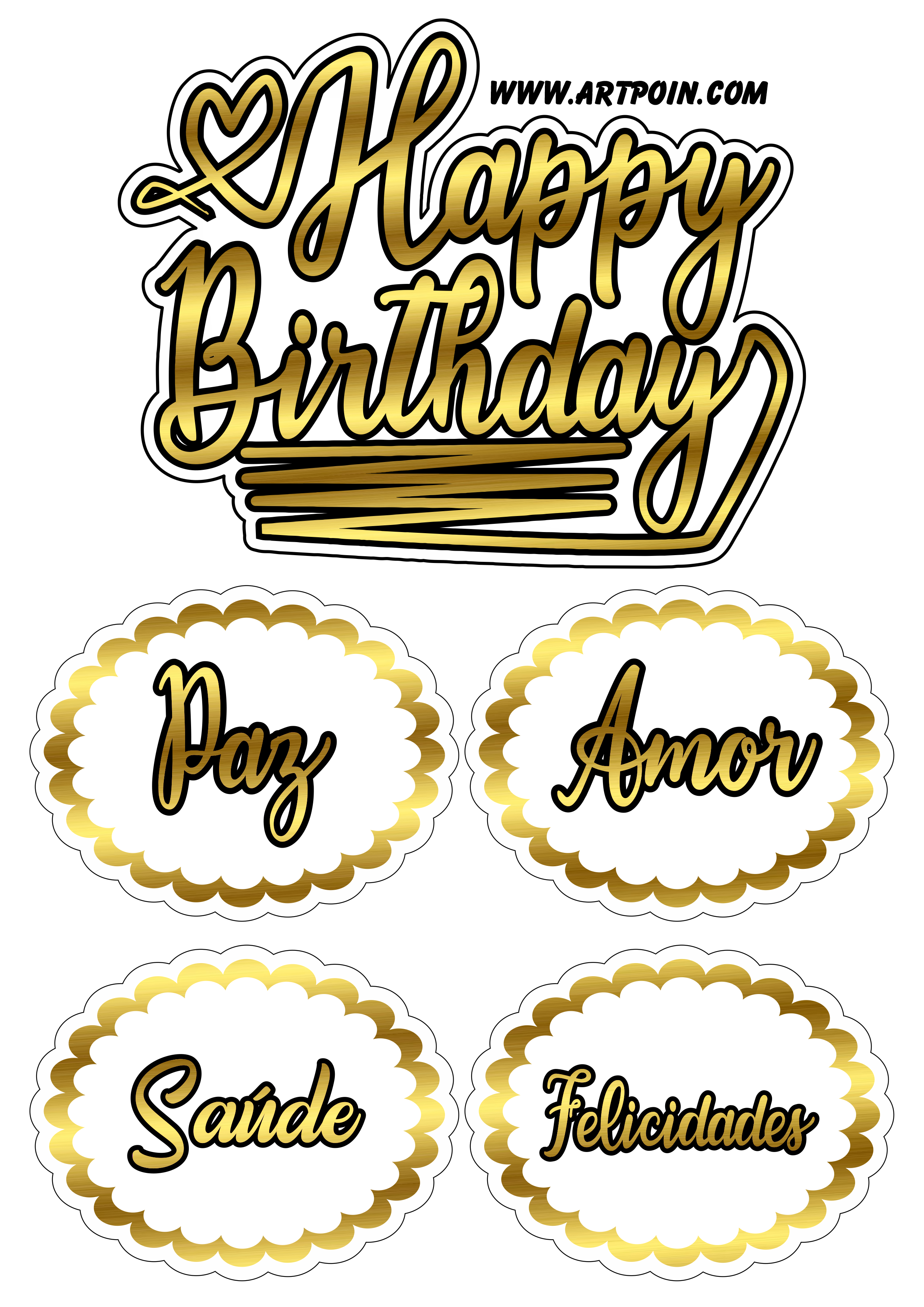 Happy birthday decoração para bolo dourado com frases png