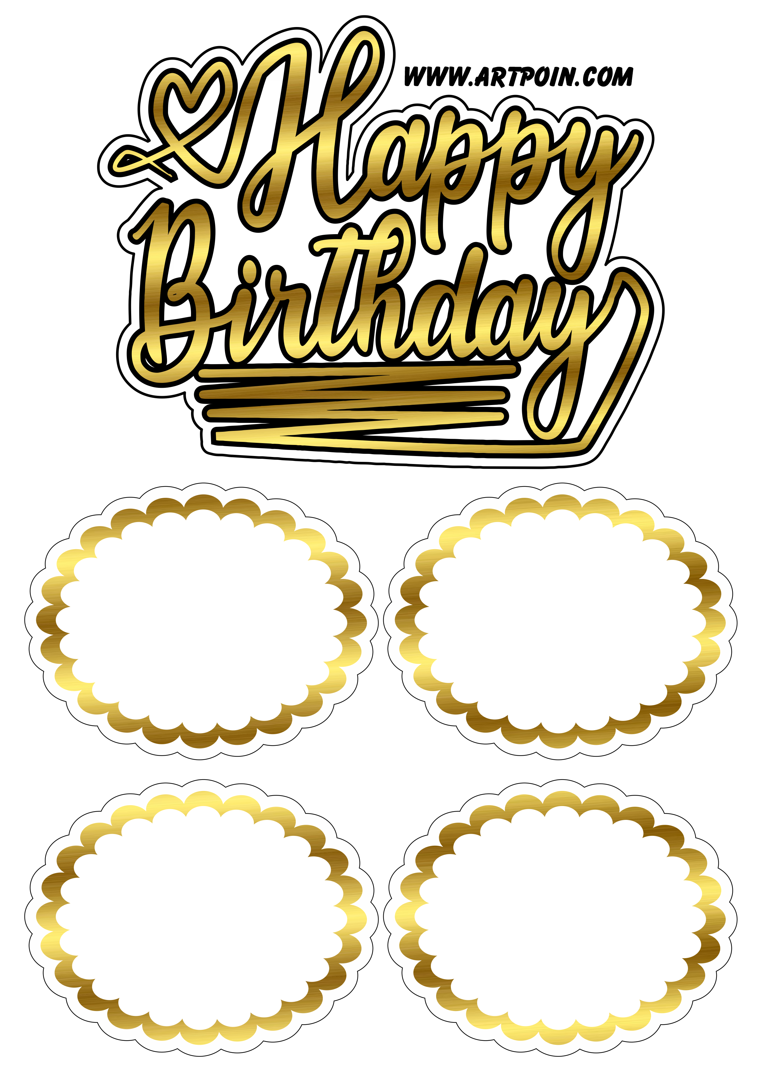 Happy birthday decoração para bolo dourado pronto para editar e imprimir png