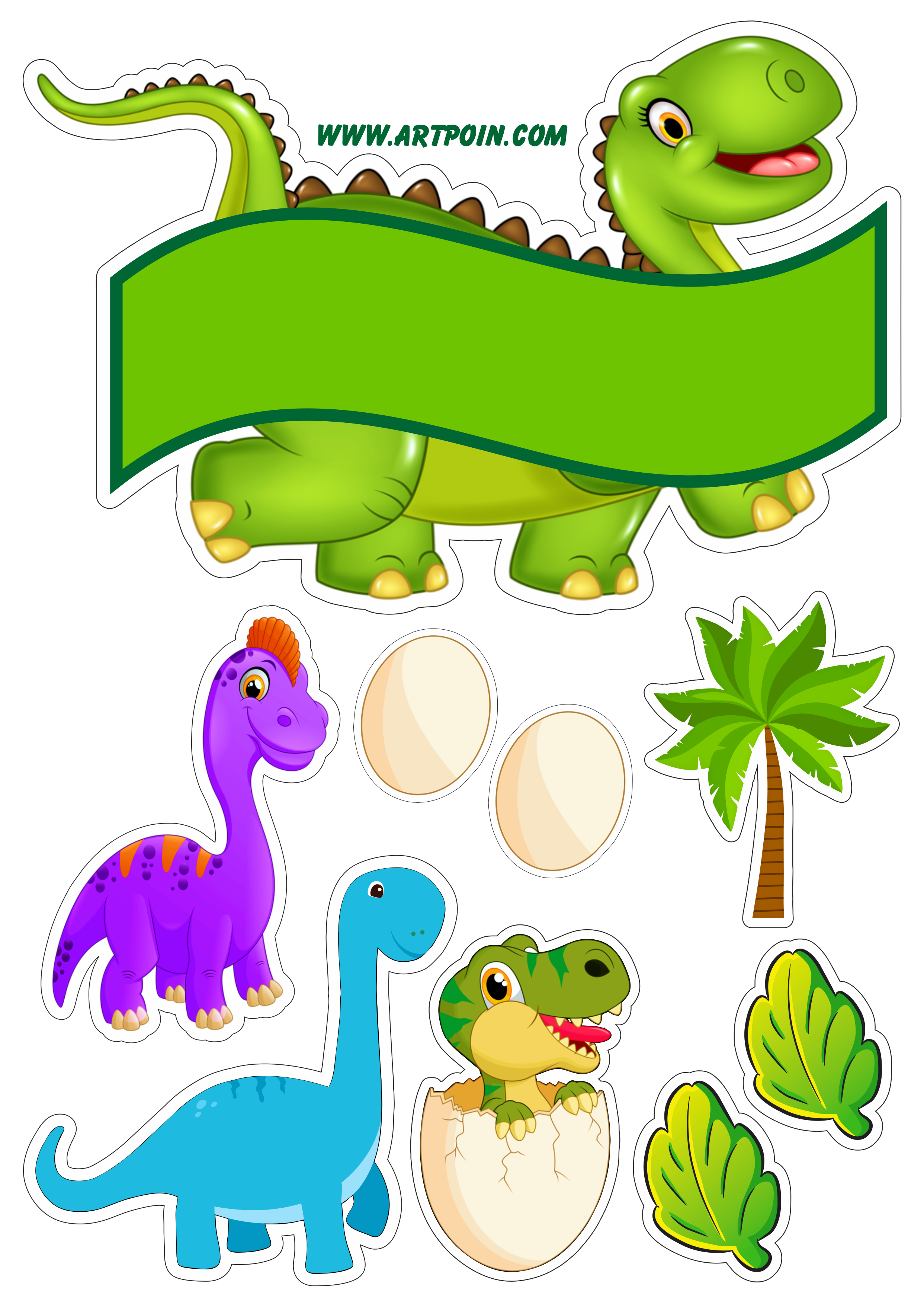 Festa de aniversário infantil dinossauros fofinhos com contorno para recorte e decoração png