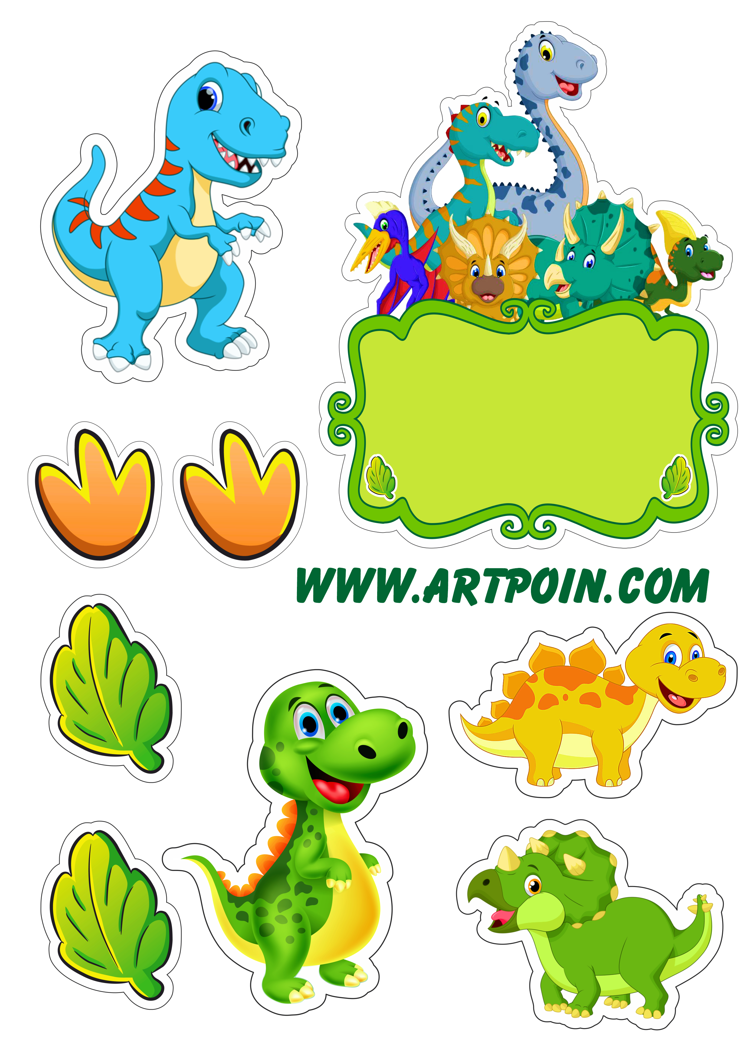 Papelaria criativa festa personalizada infantil dinossauros desenhos tiranossauro rex pegadas e folhas para decoração png