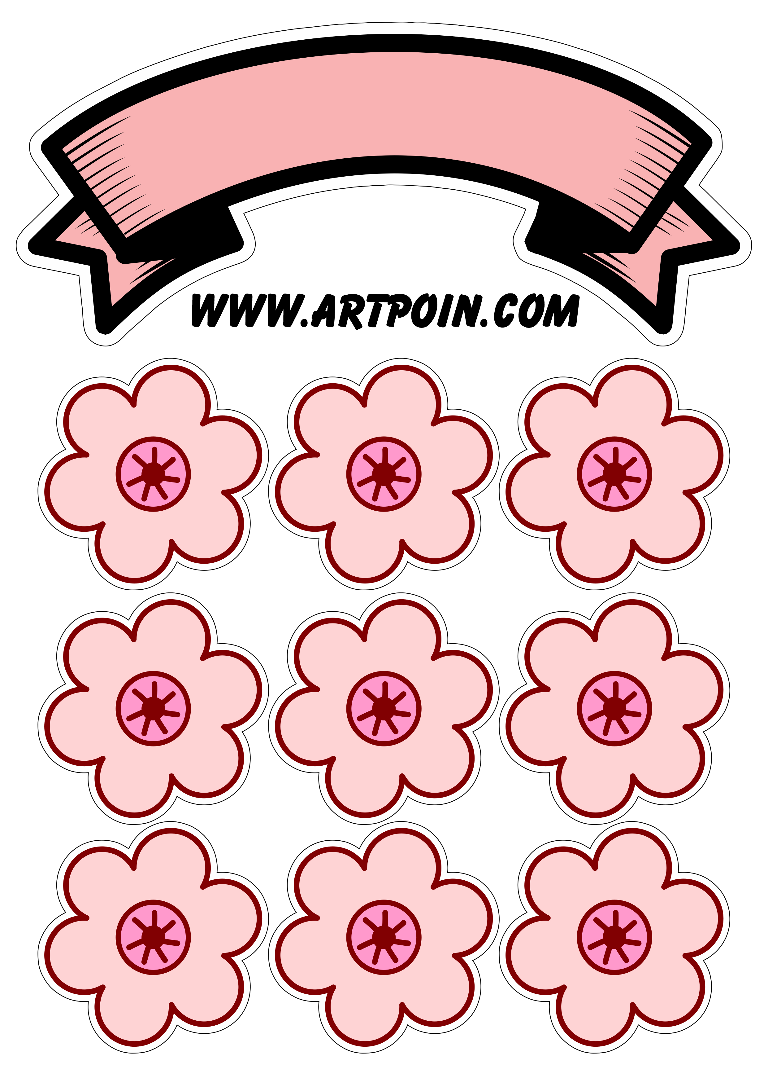Topo de bolo para imprimir rosa com flores festa de aniversário personalizada png