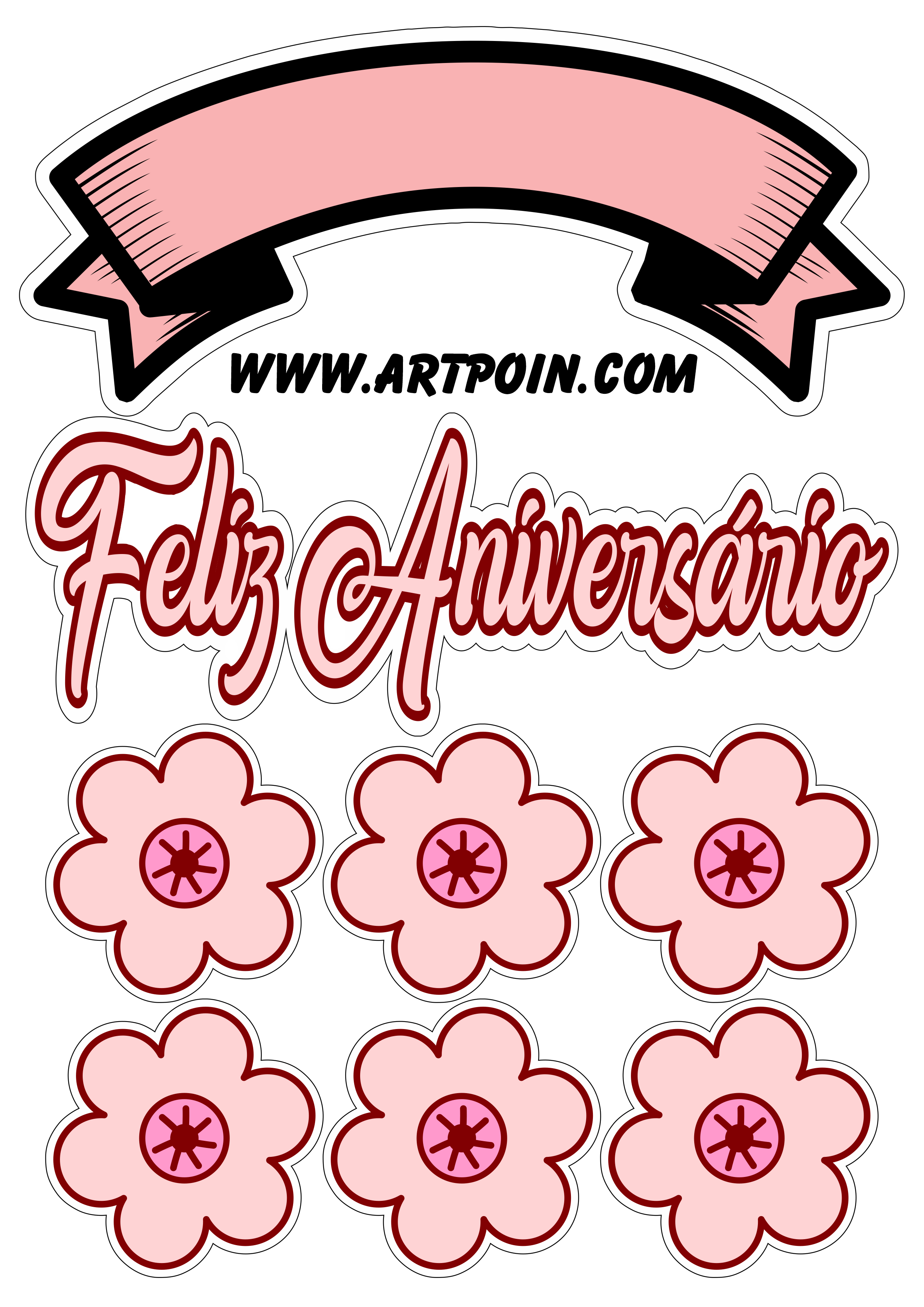Topo de bolo para imprimir rosa com flores feliz aniversário renda extra em casa png