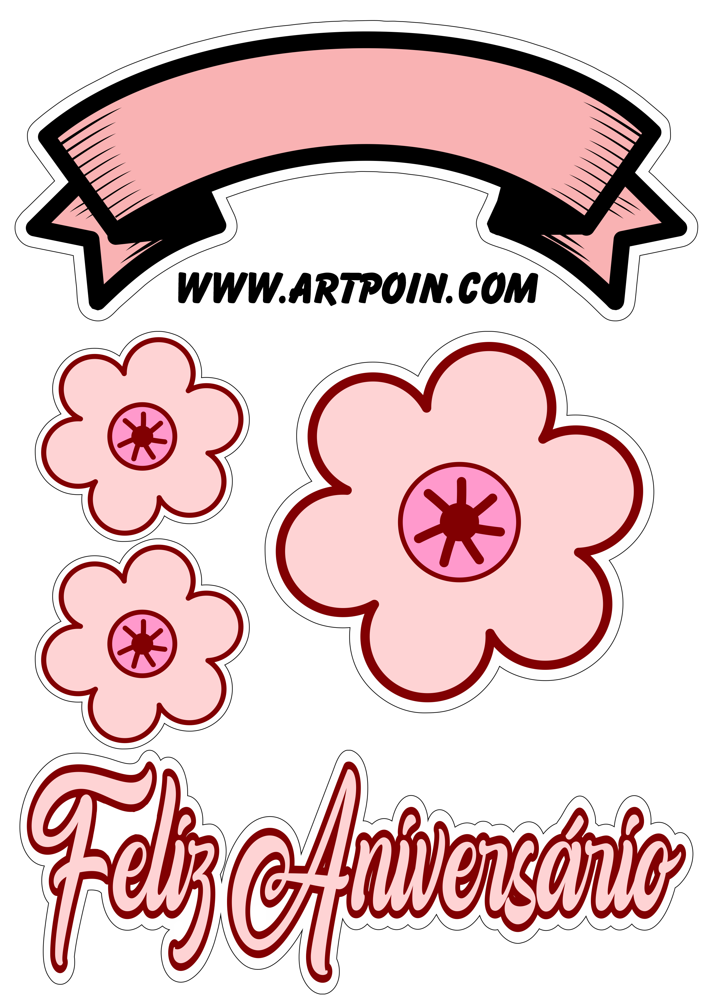 Topo de bolo para imprimir rosa com flores feliz aniversário renda papelaria criativa png