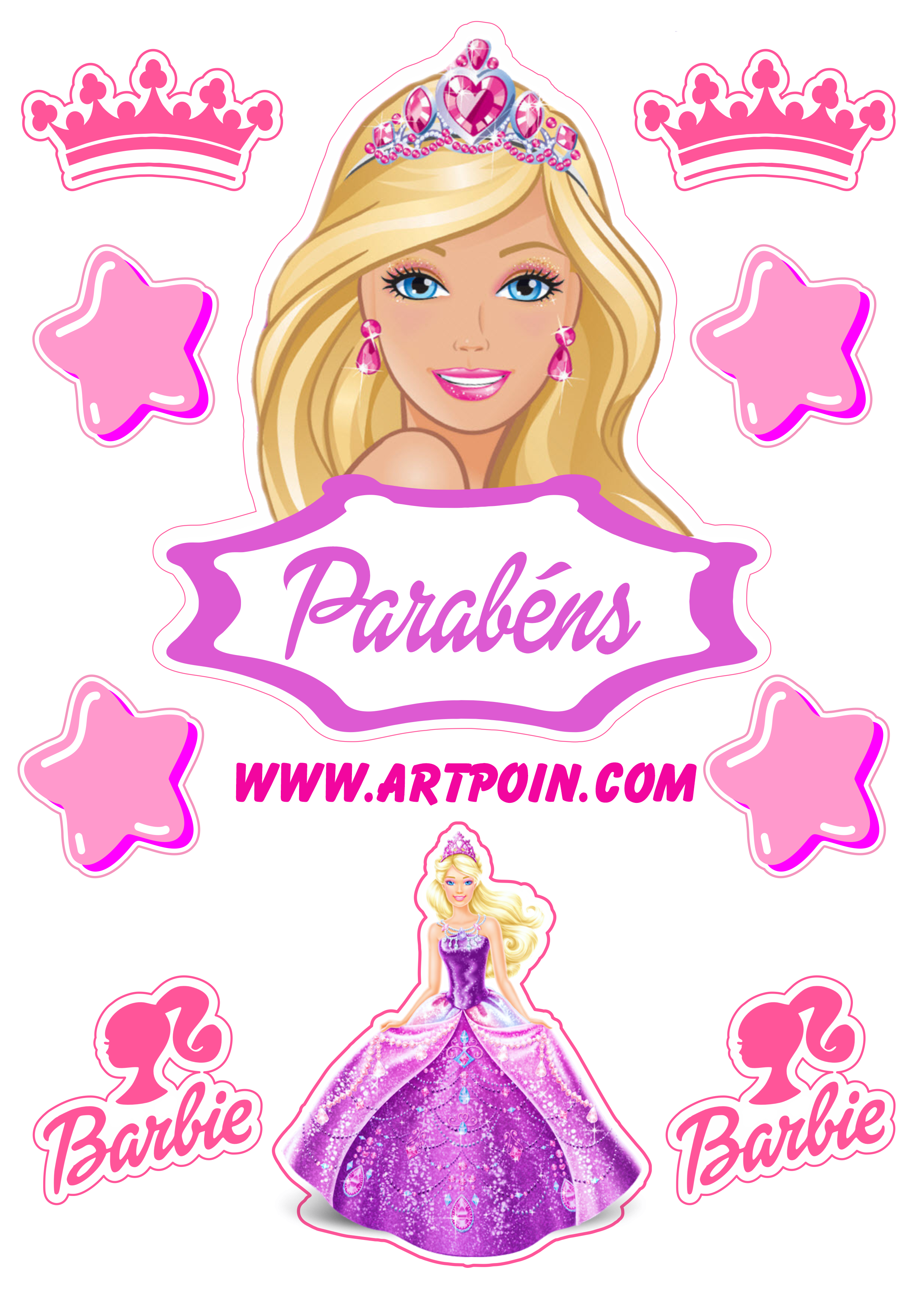 Barbie decoração de festa de aniversário topo de bolo para imprimir coroas e estrelas png