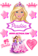 Boneca Barbie princesa topo de bolo rosa brilhante estrelas e