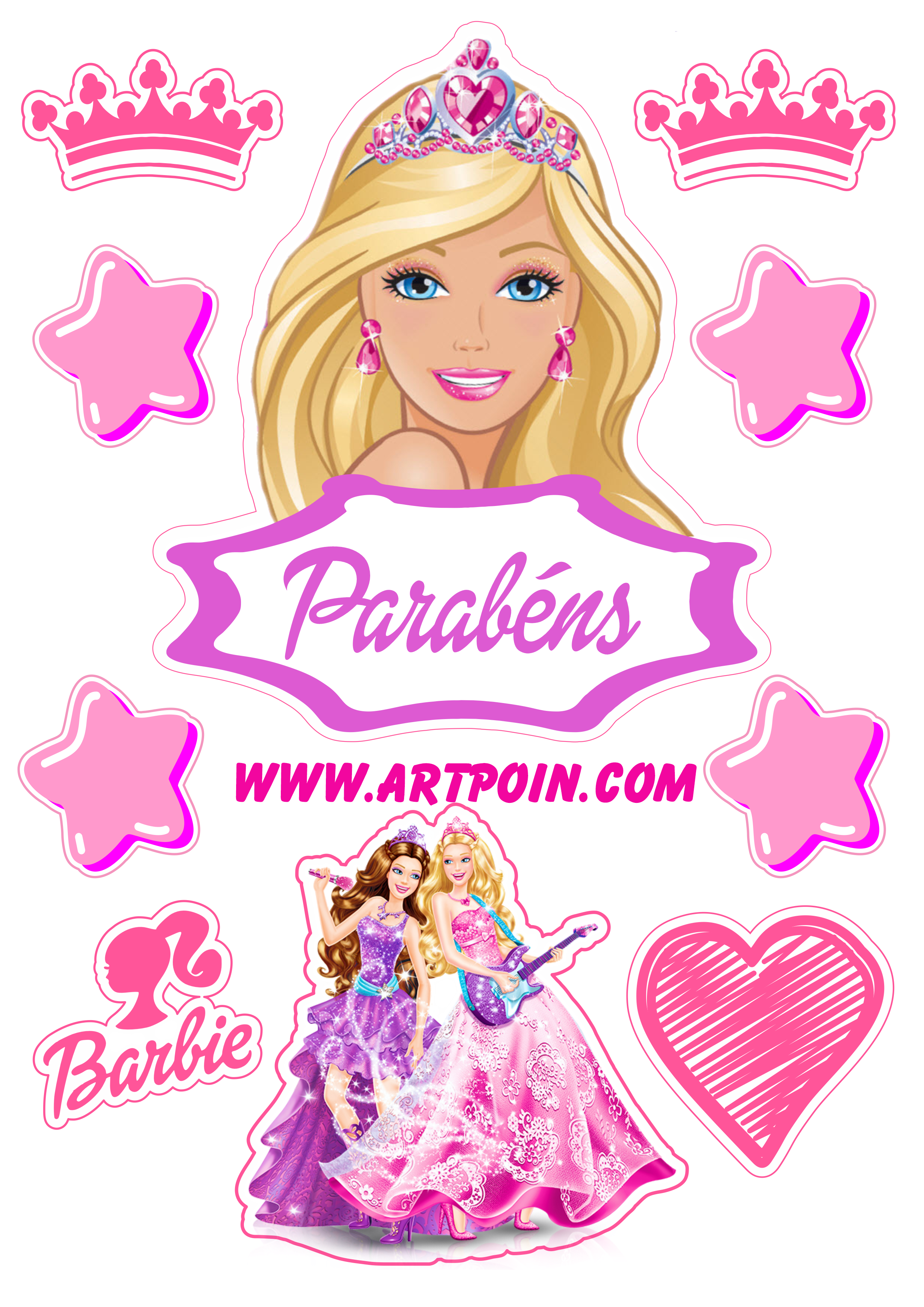 Barbie popstar decoração de festa de aniversário topo de bolo para imprimir coroas e estrelas png