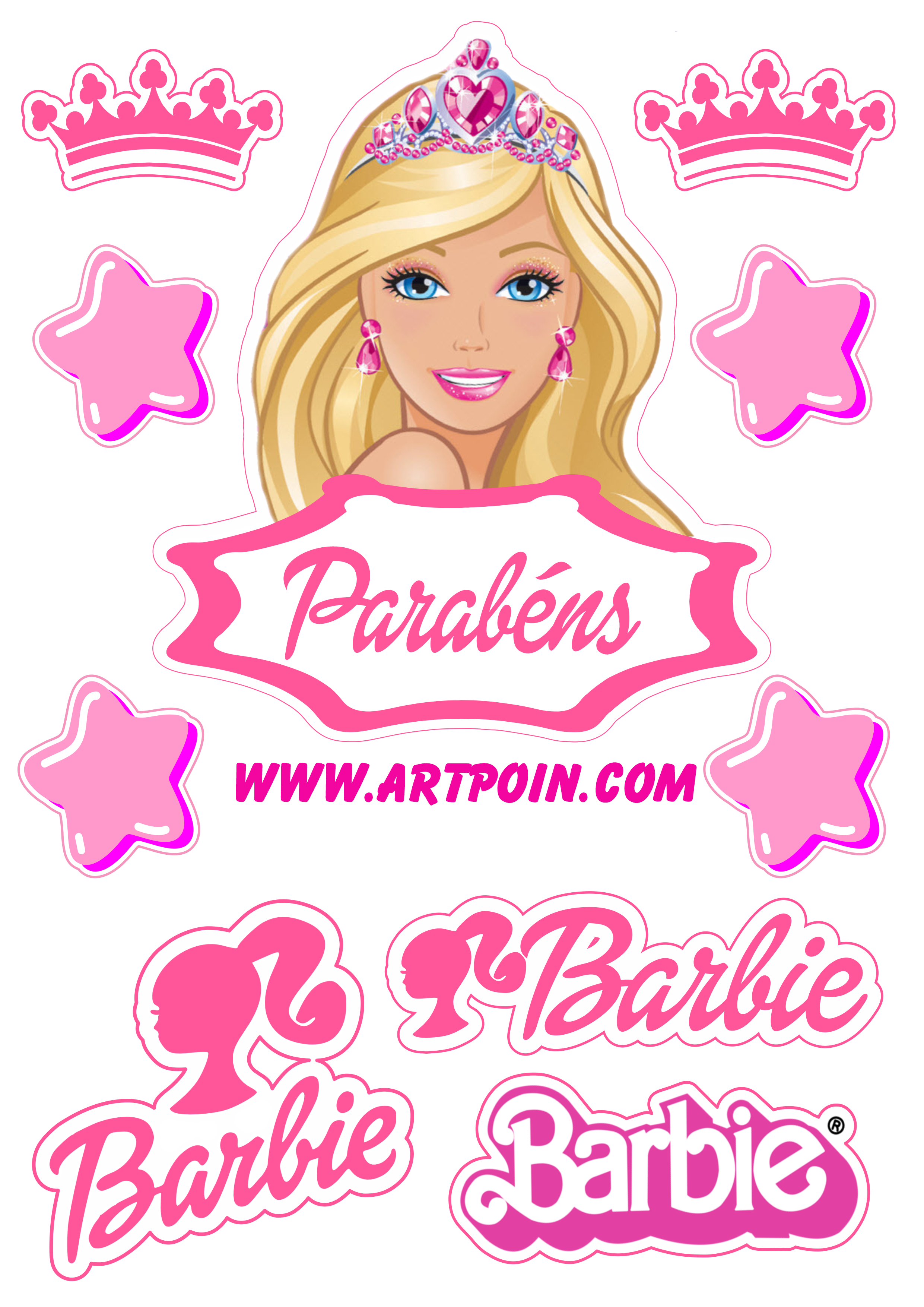 Barbie princesa decoração de festa de aniversário topo de bolo para imprimir coroas e estrelas png
