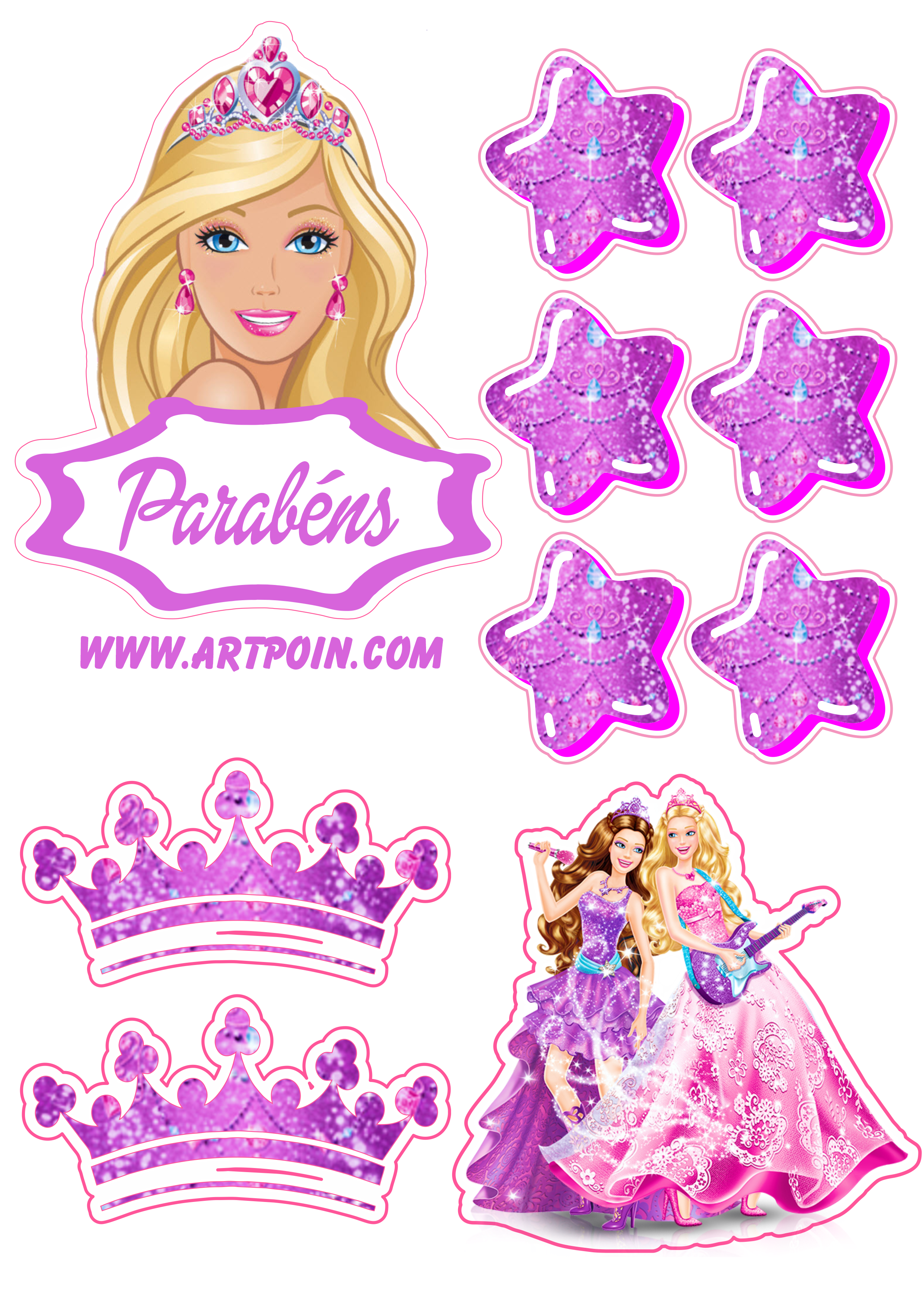 Topo de bolo para imprimir Barbie princesa estrelas brilhantes festa de aniversário design grátis lilás png