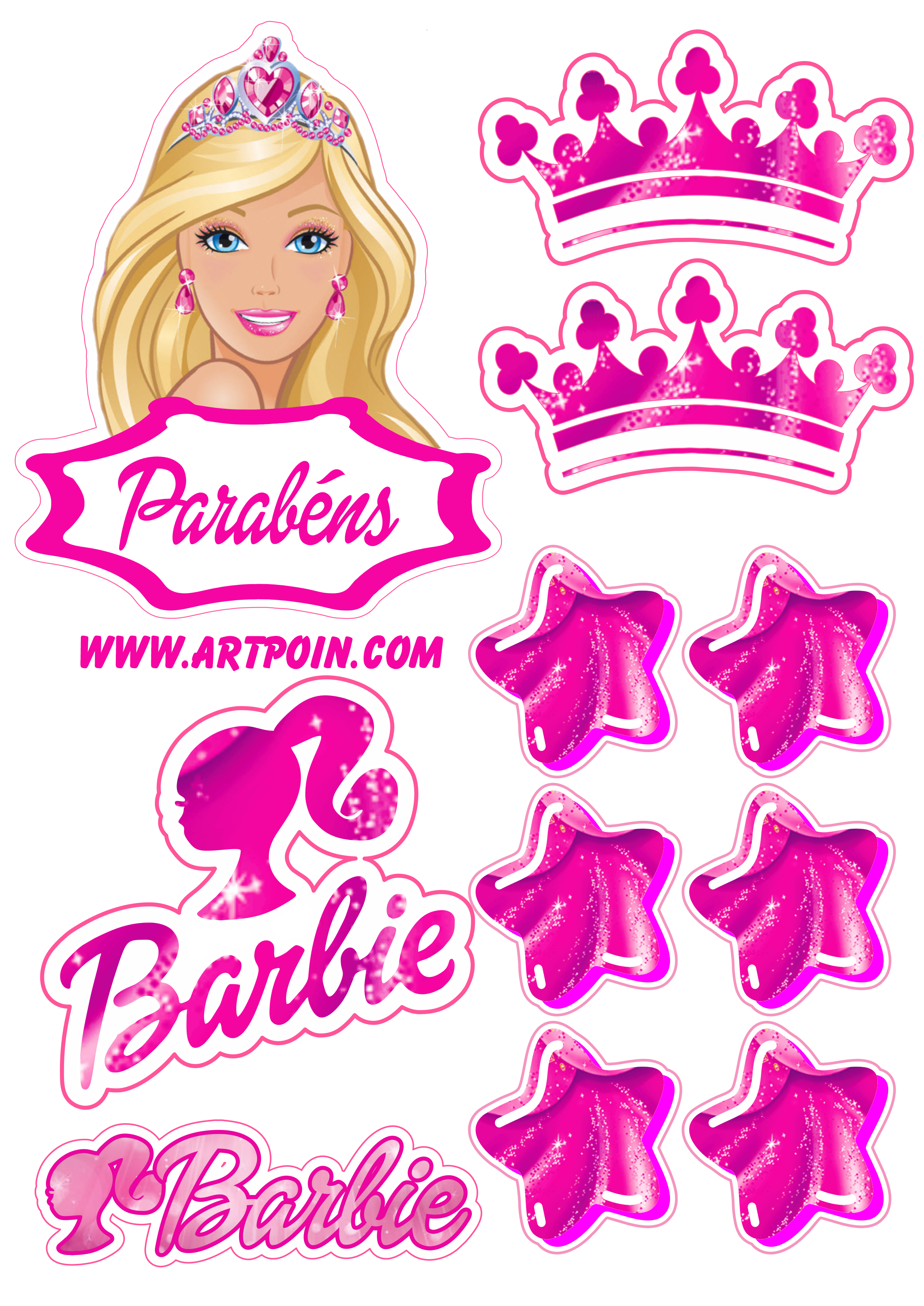 Topo de bolo para imprimir Barbie princesa estrelas brilhantes festa de aniversário infantil artes gráficas png