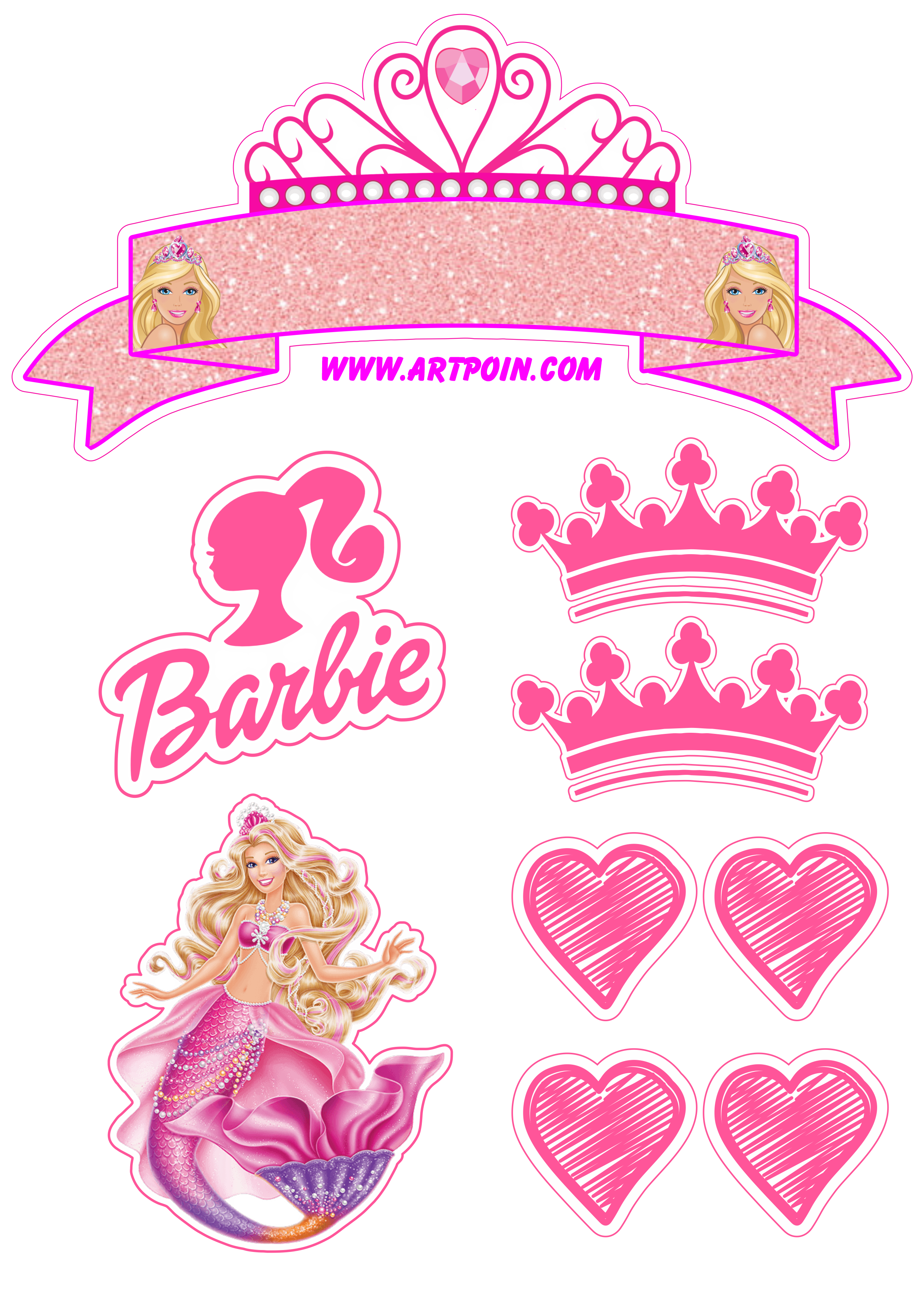 Barbie princesa sereia topo de bolo grátis decoração de festa infantil rosa mimos de papelaria png