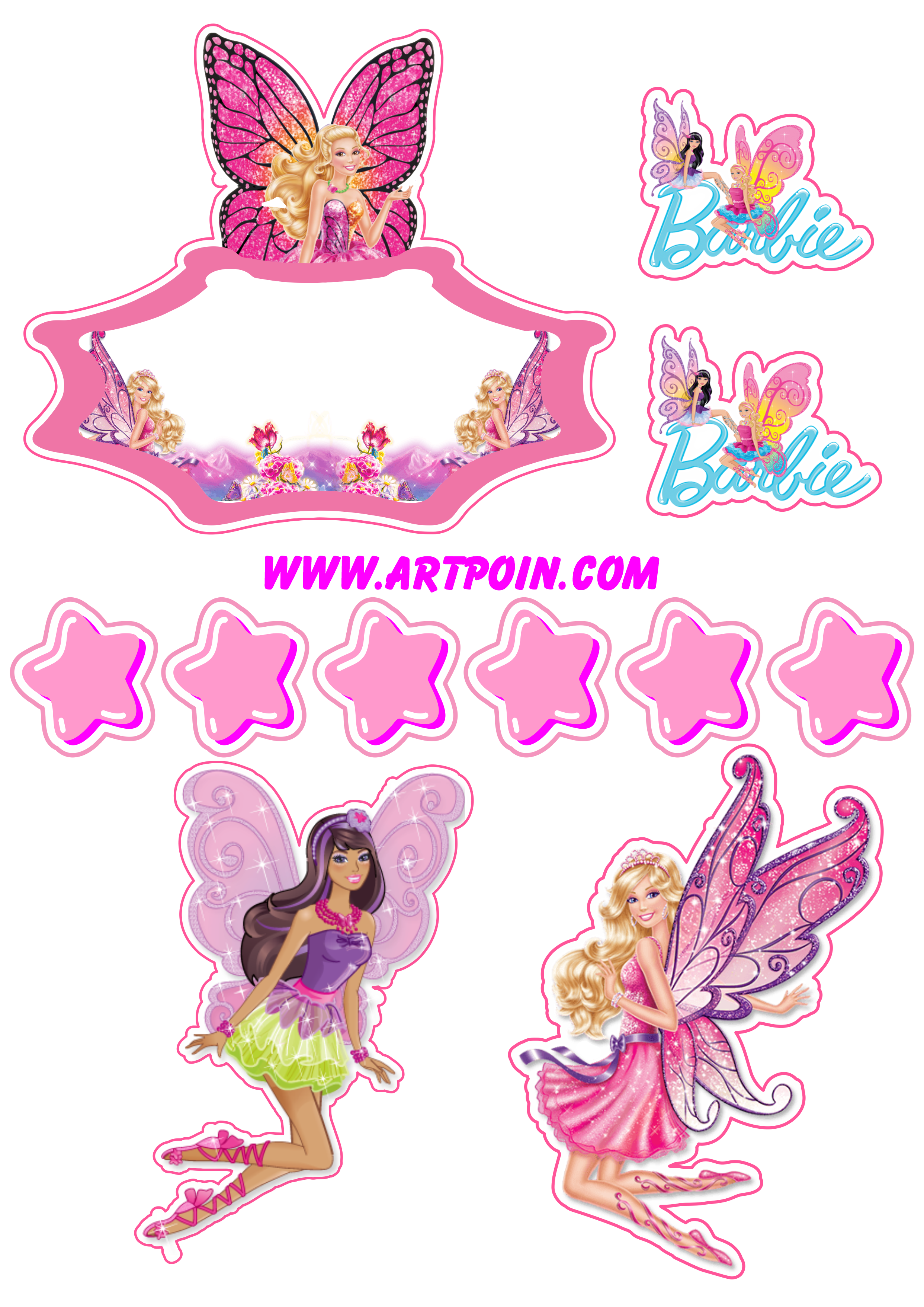 Barbie fadinhas e estrelinhas topo de bolo grátis decoração de festa infantil rosa hora da festa png