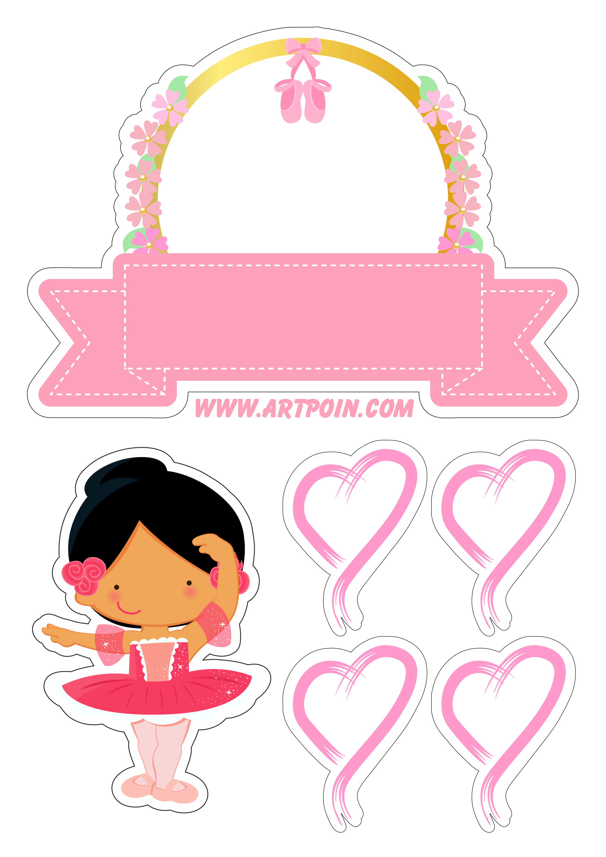 Topo de bolo para baixar bailarina corações rosa ideal para decoração de aniversário artigos de papelaria png