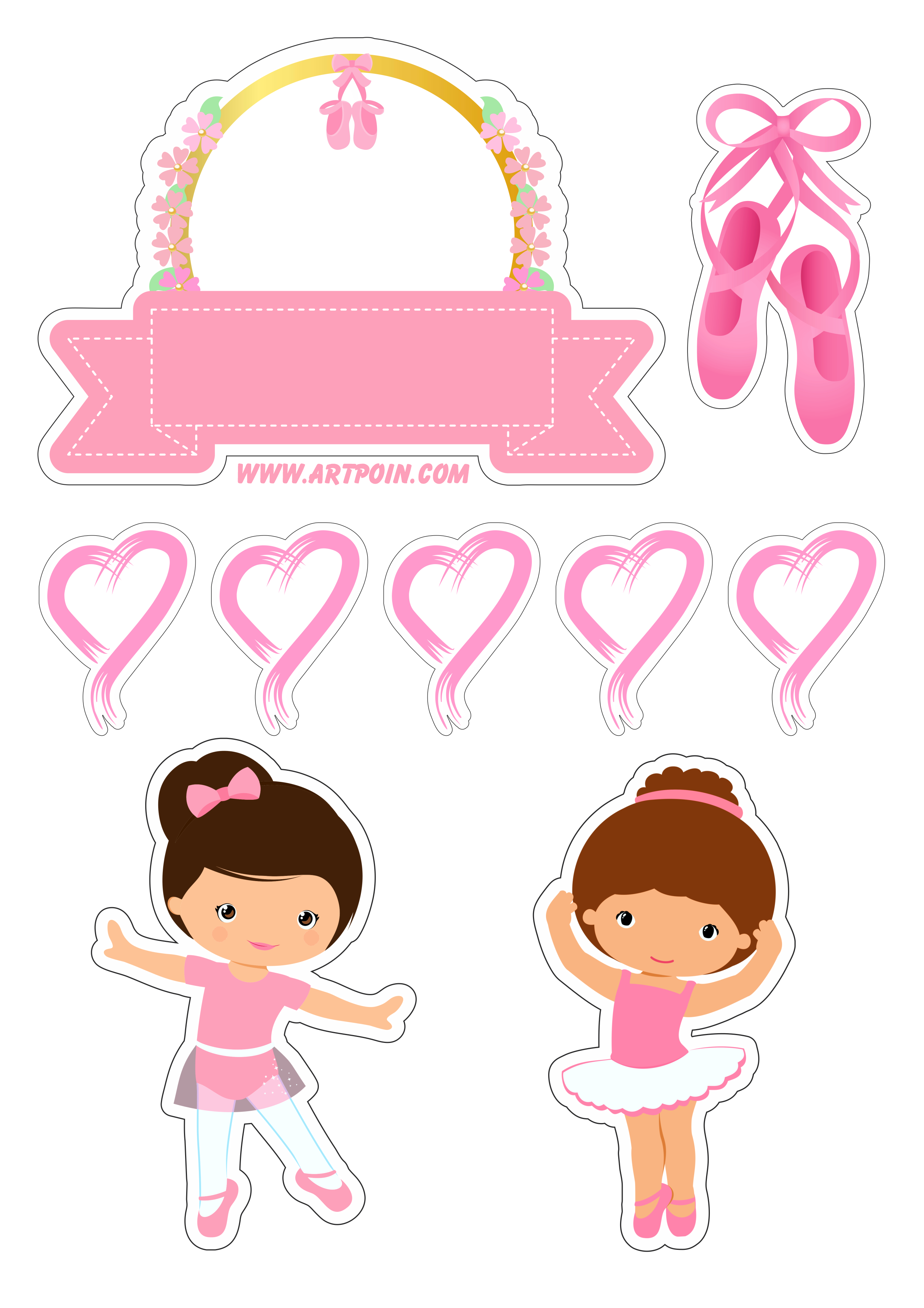 Topo de bolo para baixar bailarina corações rosa ideal para decoração de aniversário artigos de papelaria design grátis png