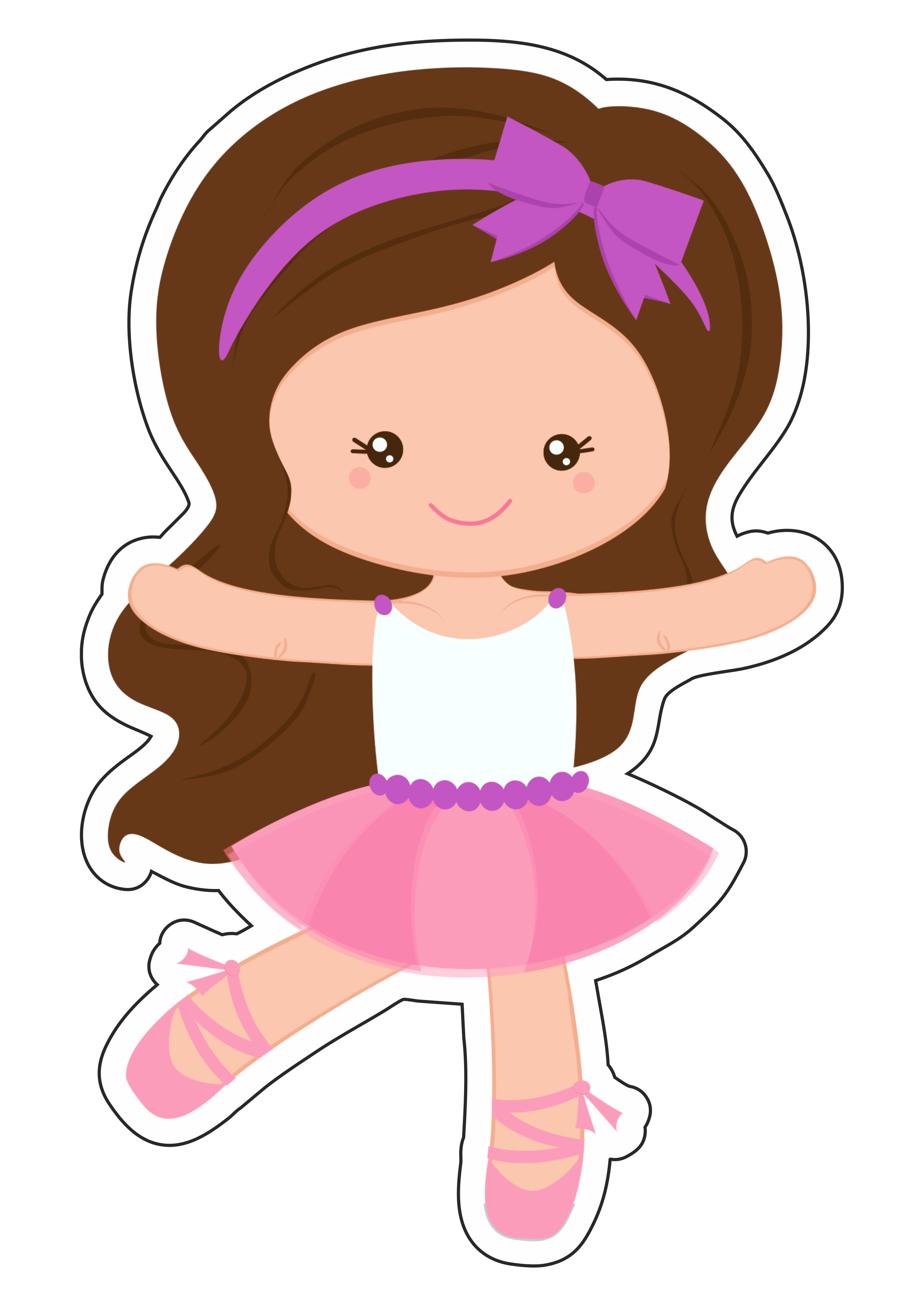 Bailarina passo de balé desenho simples vetor menina com cabelo solto e lacinho rosa fundo transparente png