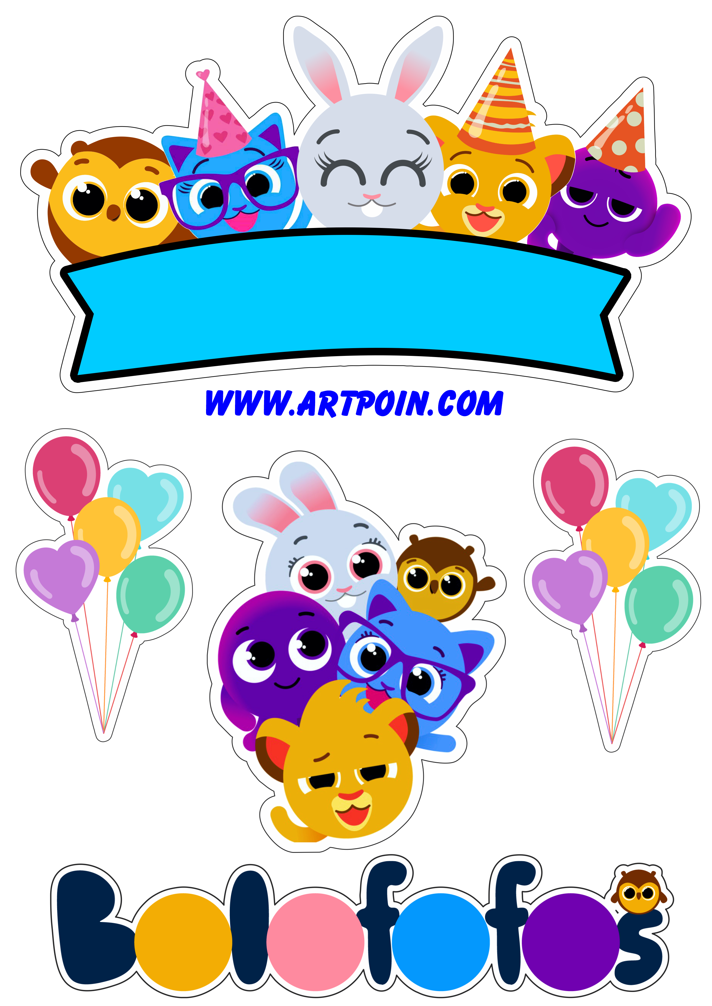 Topo de bolo para imprimir Bolofofos aniversário infantil decoração artigos de papelaria pack de imagens animais divertidos confeitaria png