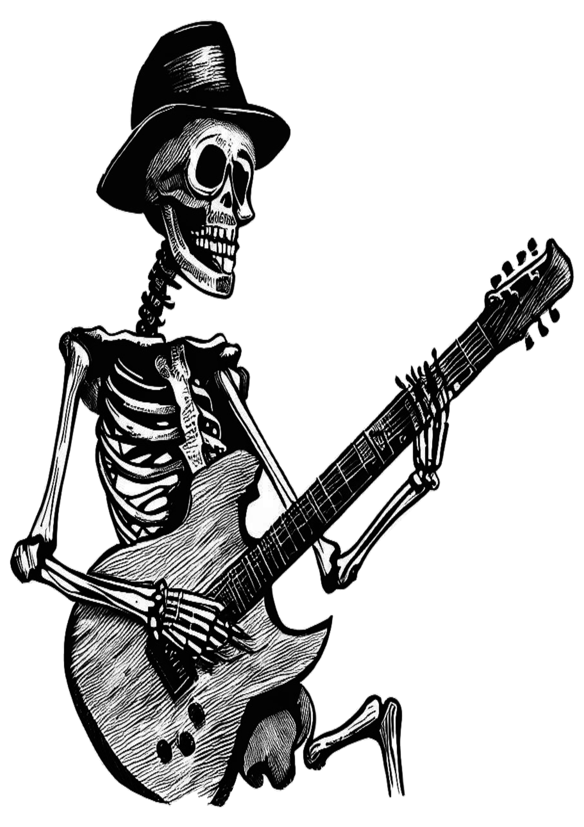 Caveira tocando guitarra desenho rabisco tatuagem esqueleto Rock and Roll png