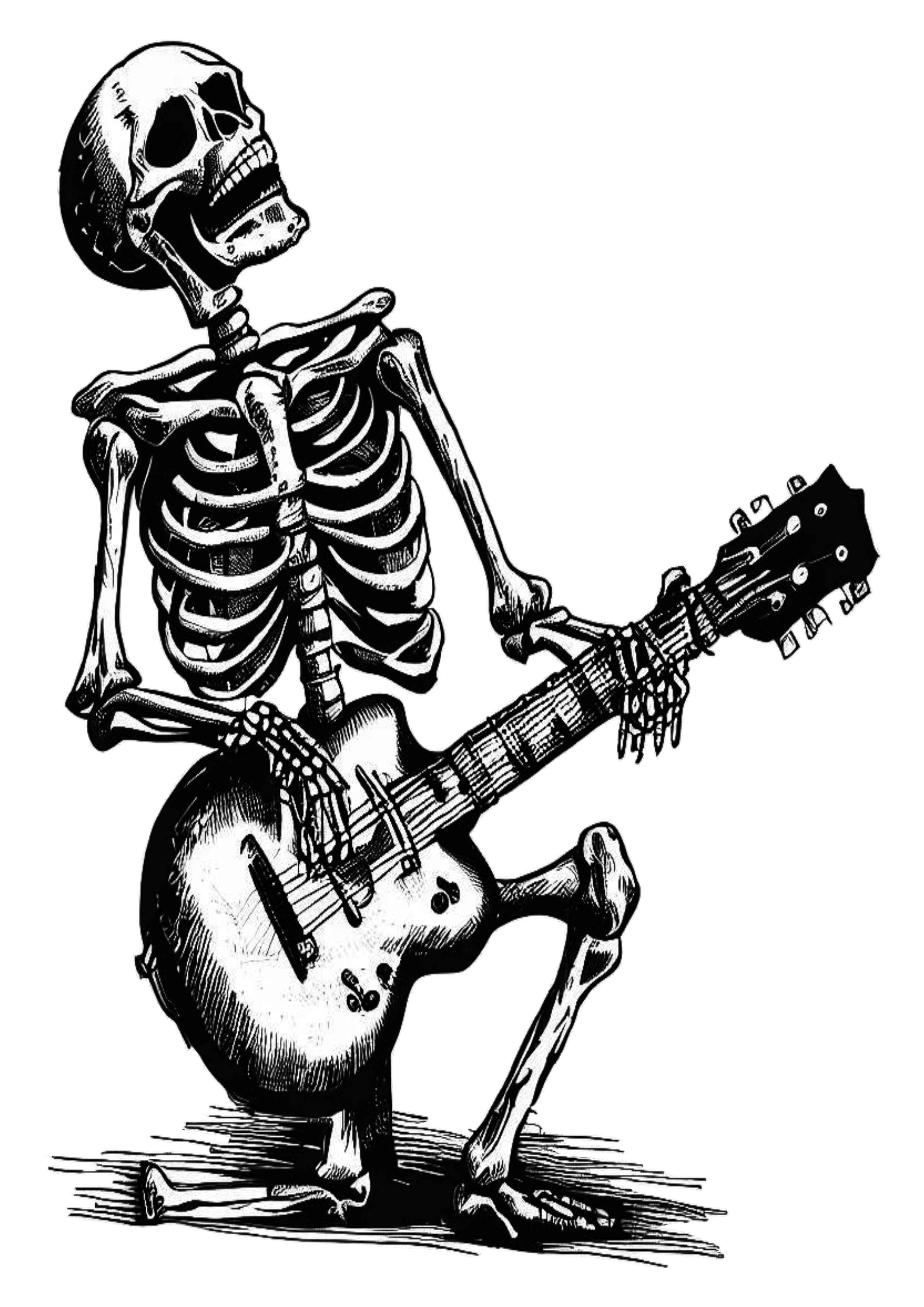 Caveira tocando guitarra desenho rabisco tatuagem esqueleto Rock and Roll ilustração png