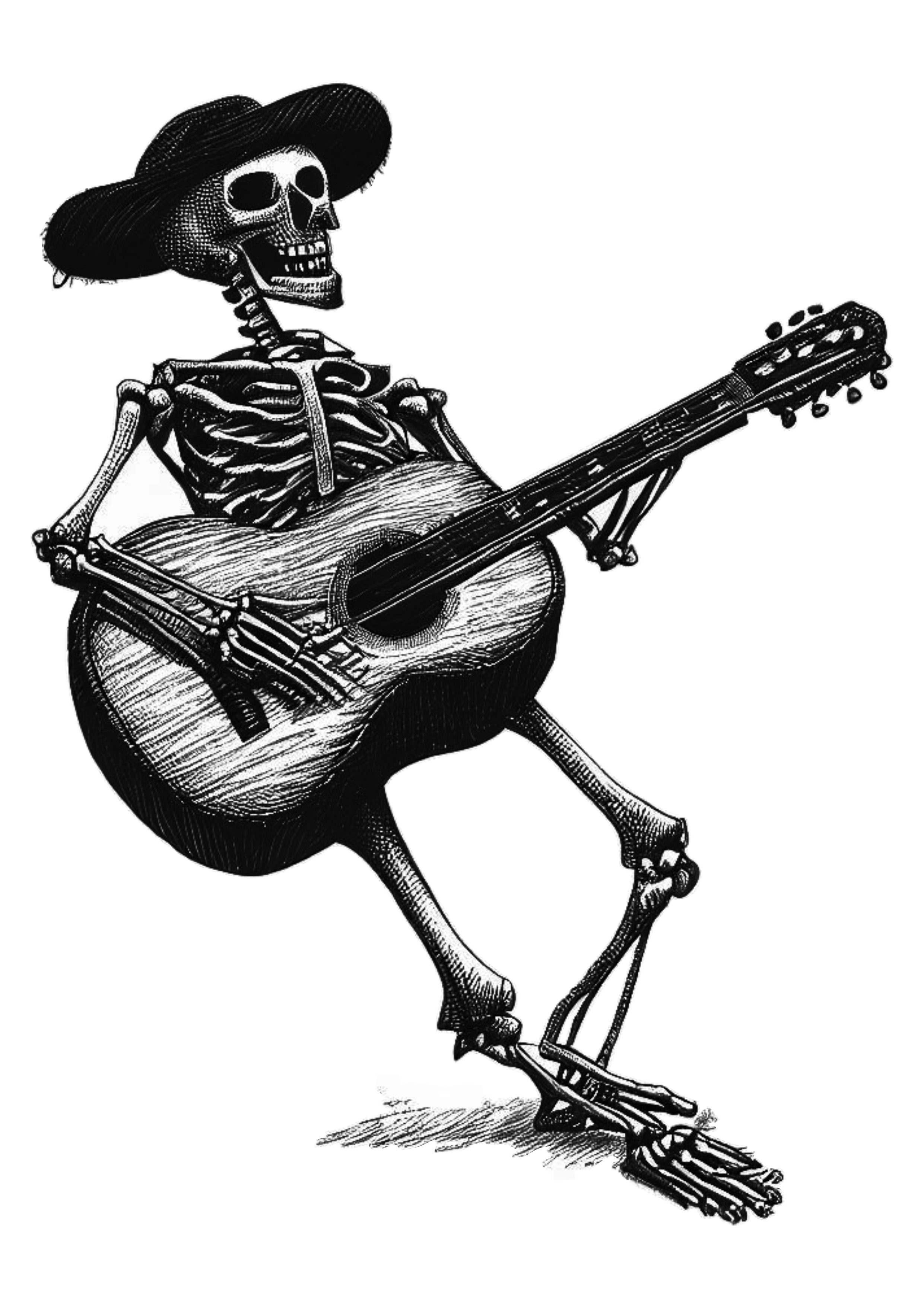 Caveira mexicana tocando violão desenho rabisco tatuagem esqueleto Rock and Roll Skull png