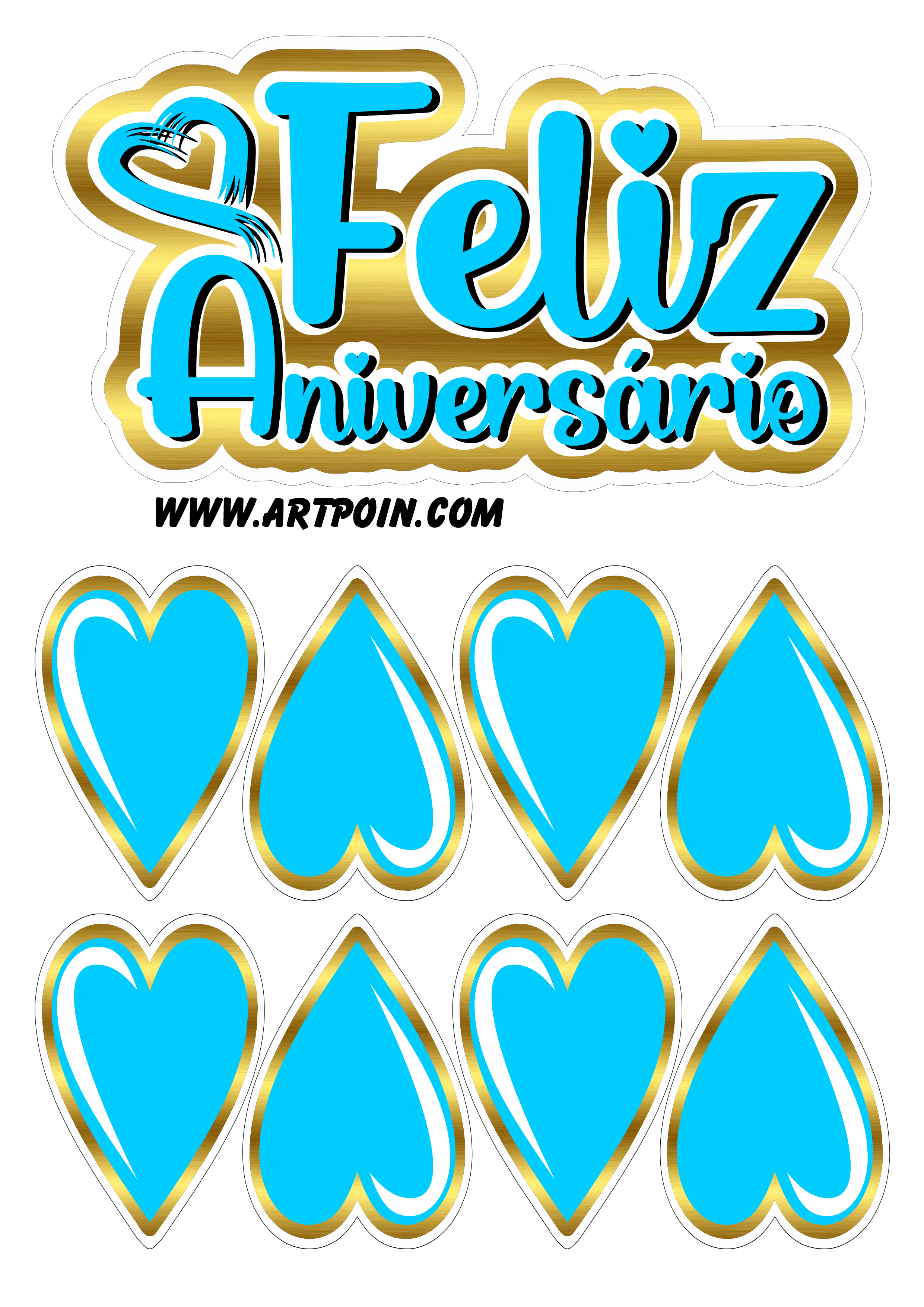 Topo de bolo dourado com azul corações feliz aniversário renda extra com personalizados png