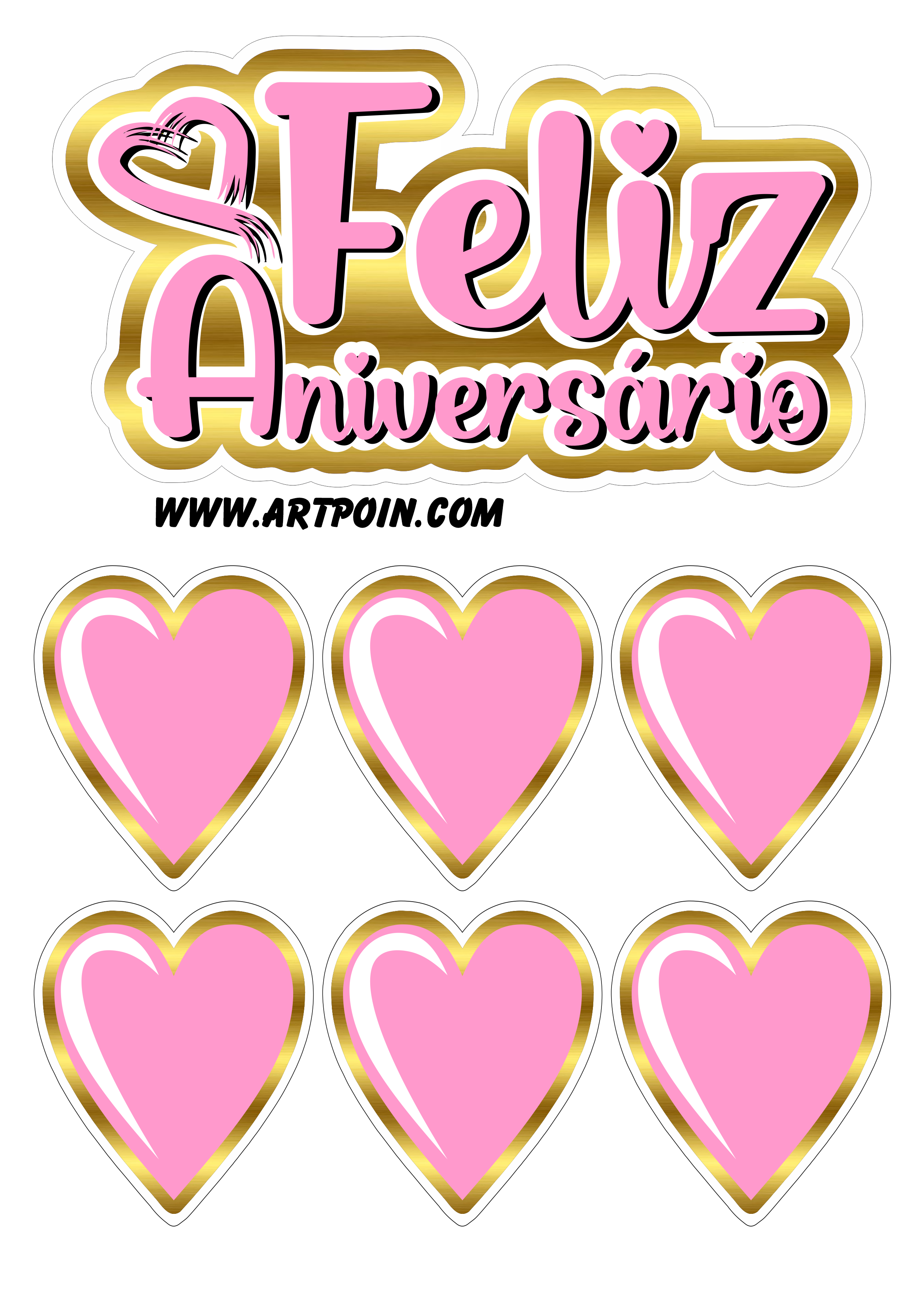 Topo de bolo dourado com rosa corações feliz aniversário renda extra com artigos de festa png