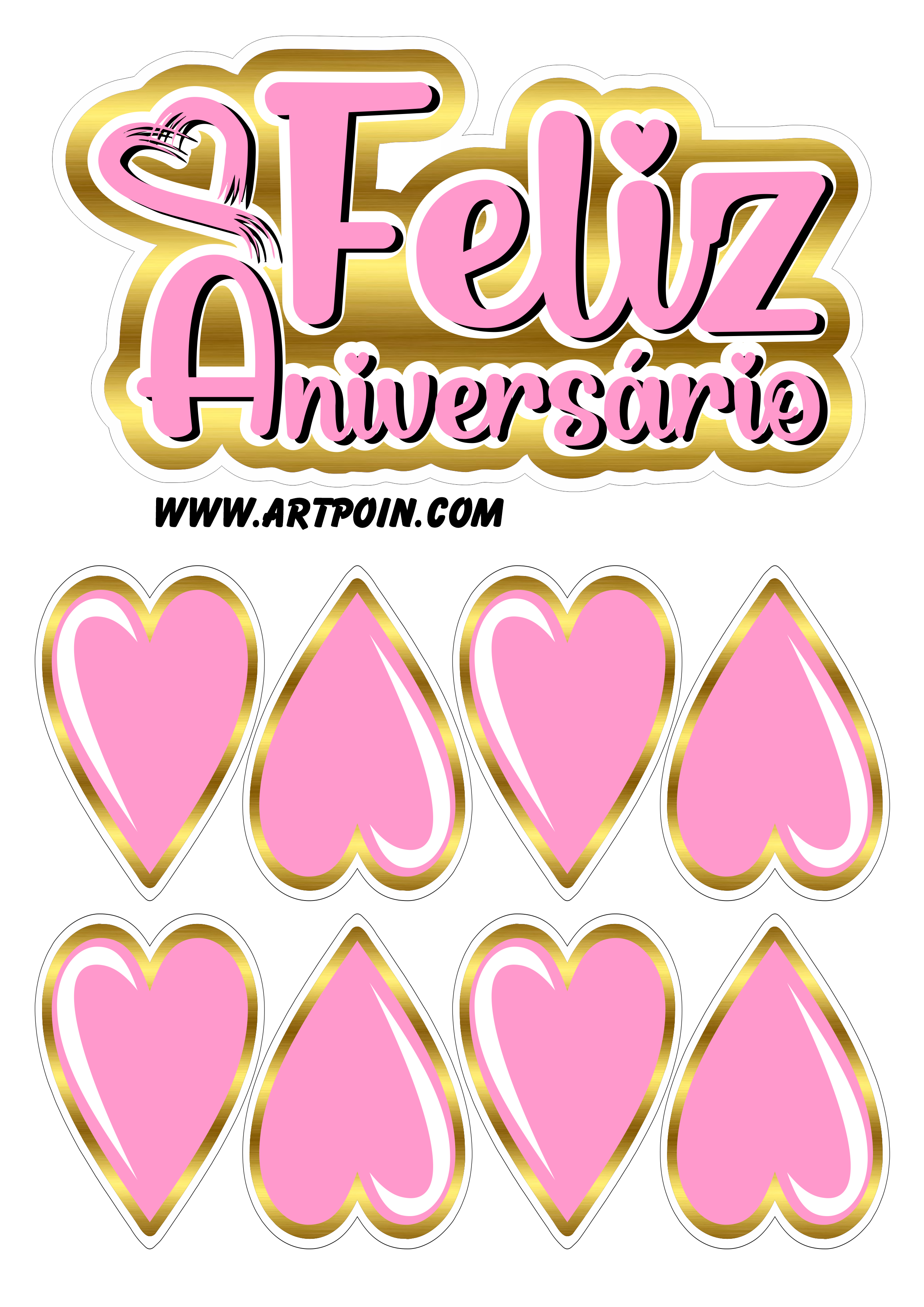 Topo de bolo dourado com rosa corações feliz aniversário png