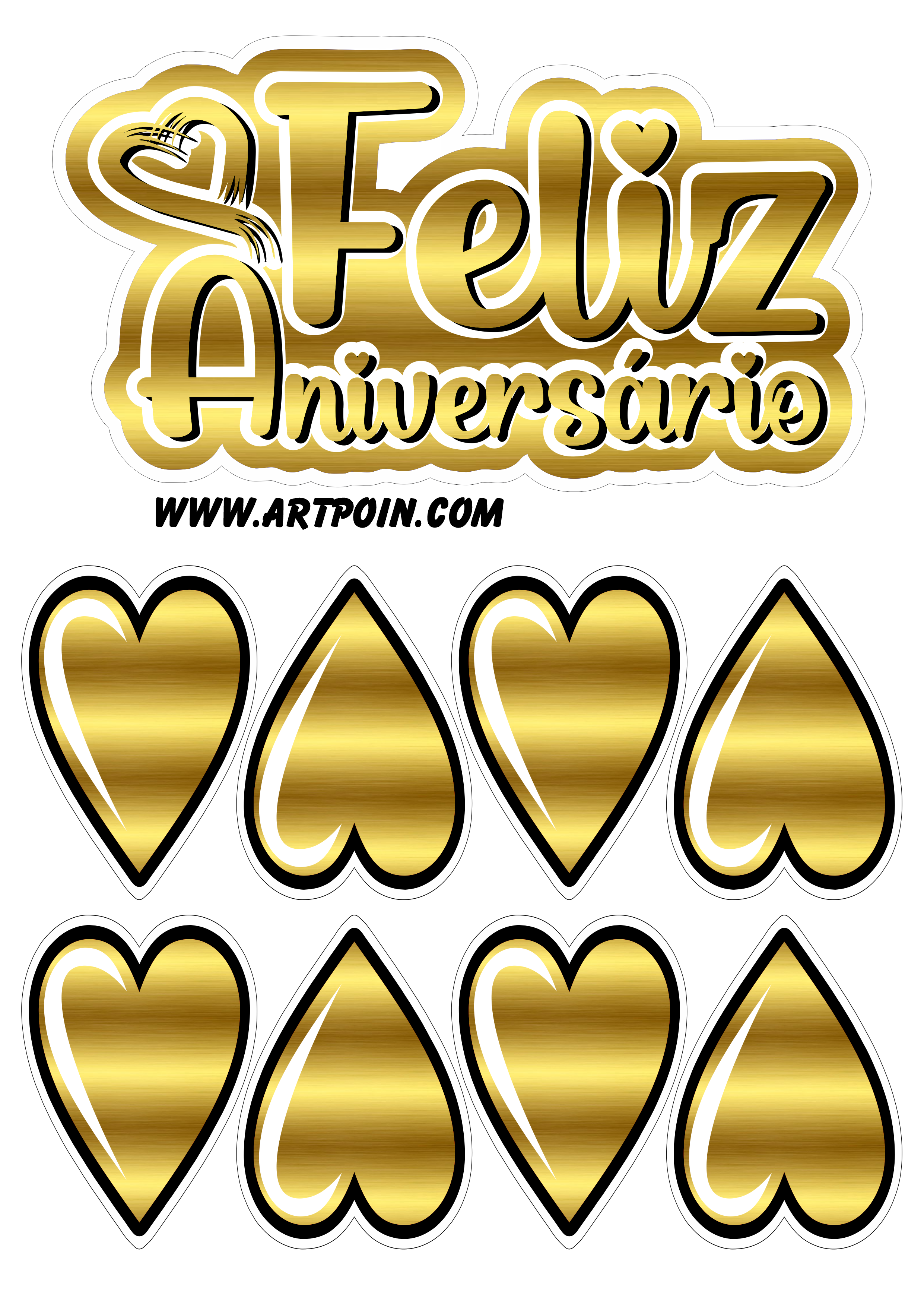 Topo de bolo dourado com corações feliz aniversário decoração de festa png